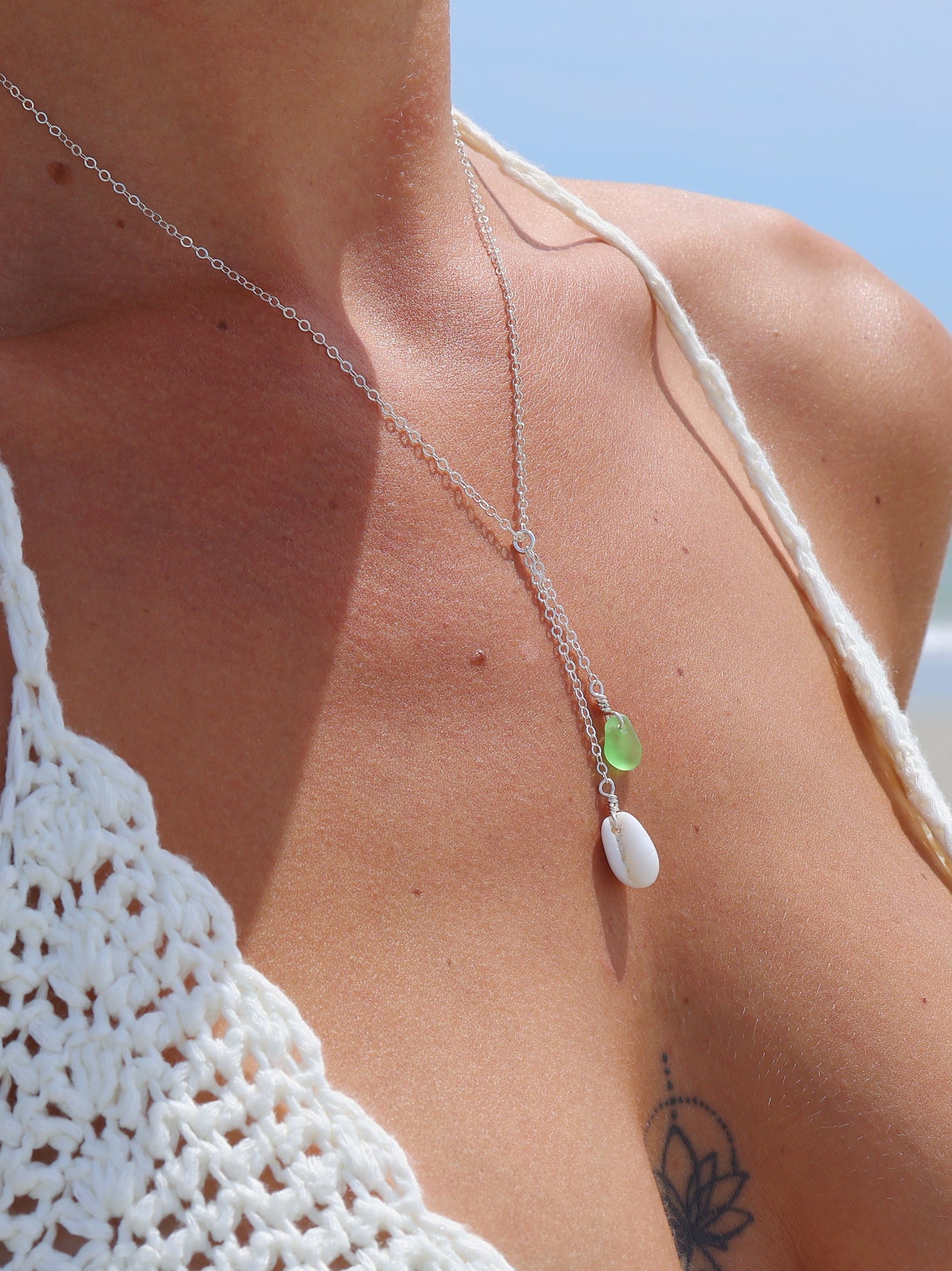 Sterling Silver Bright Green Sea Glass & Cowrie Shell Drop Necklace