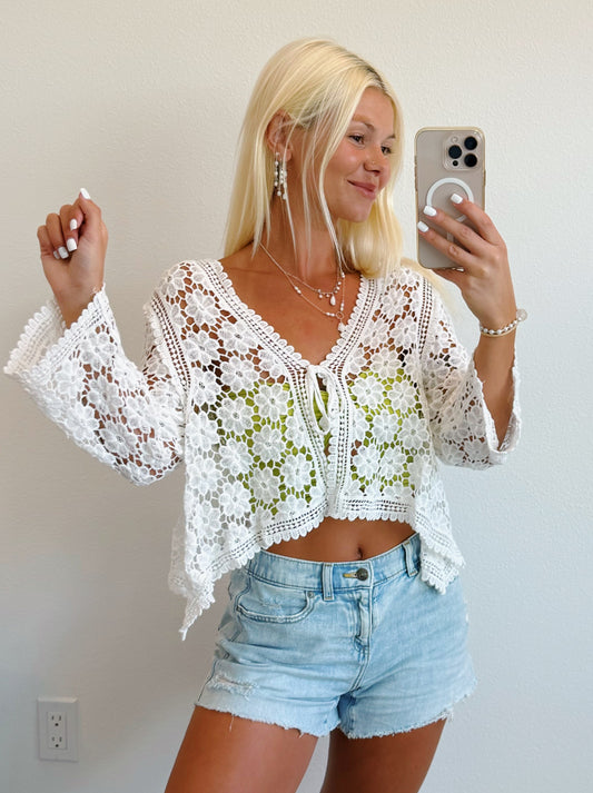 White Crochet Flower Tie Front Cardigan