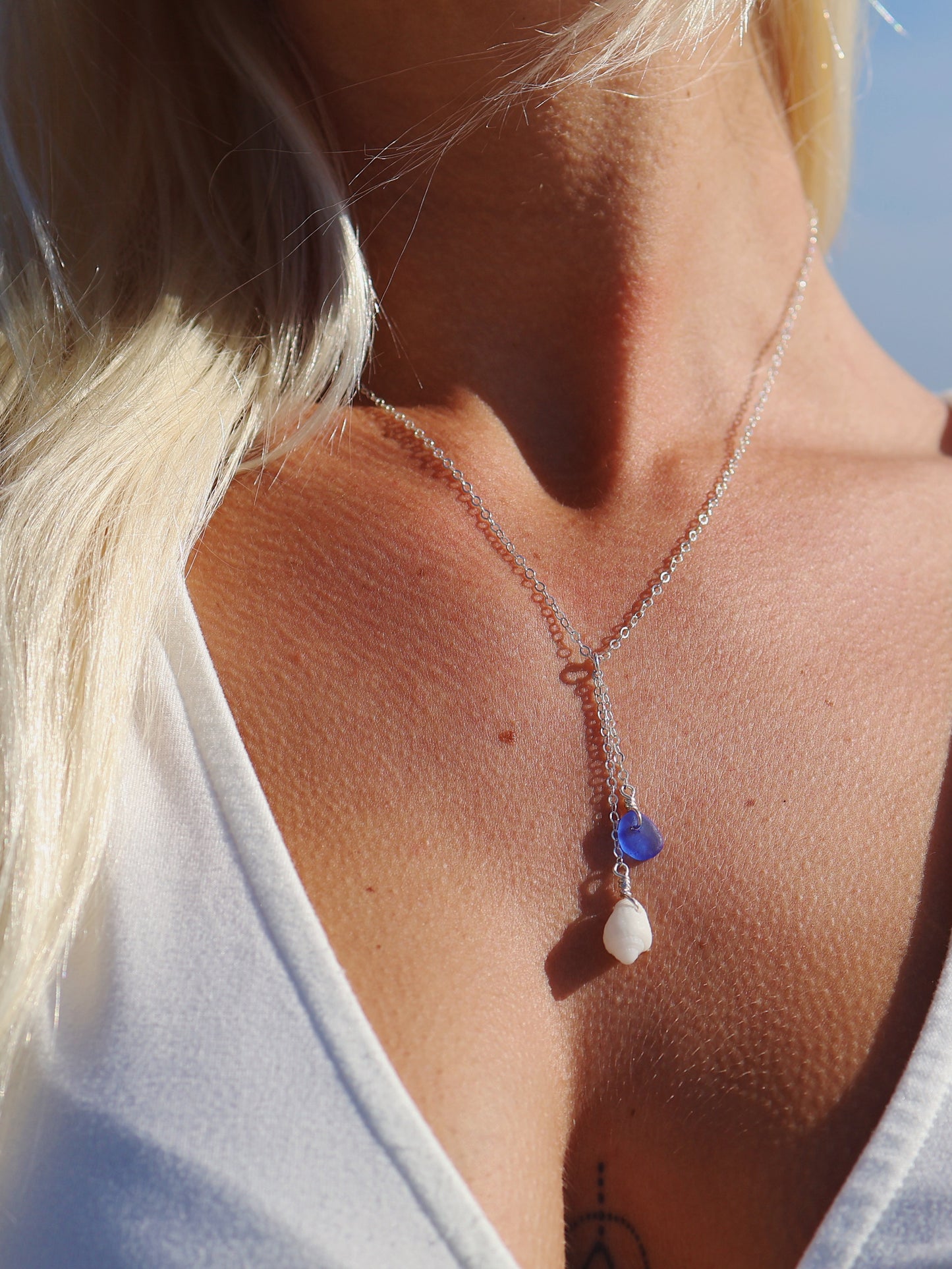 Sterling Silver White Shell & Royal Blue Sea Glass Drop Necklace