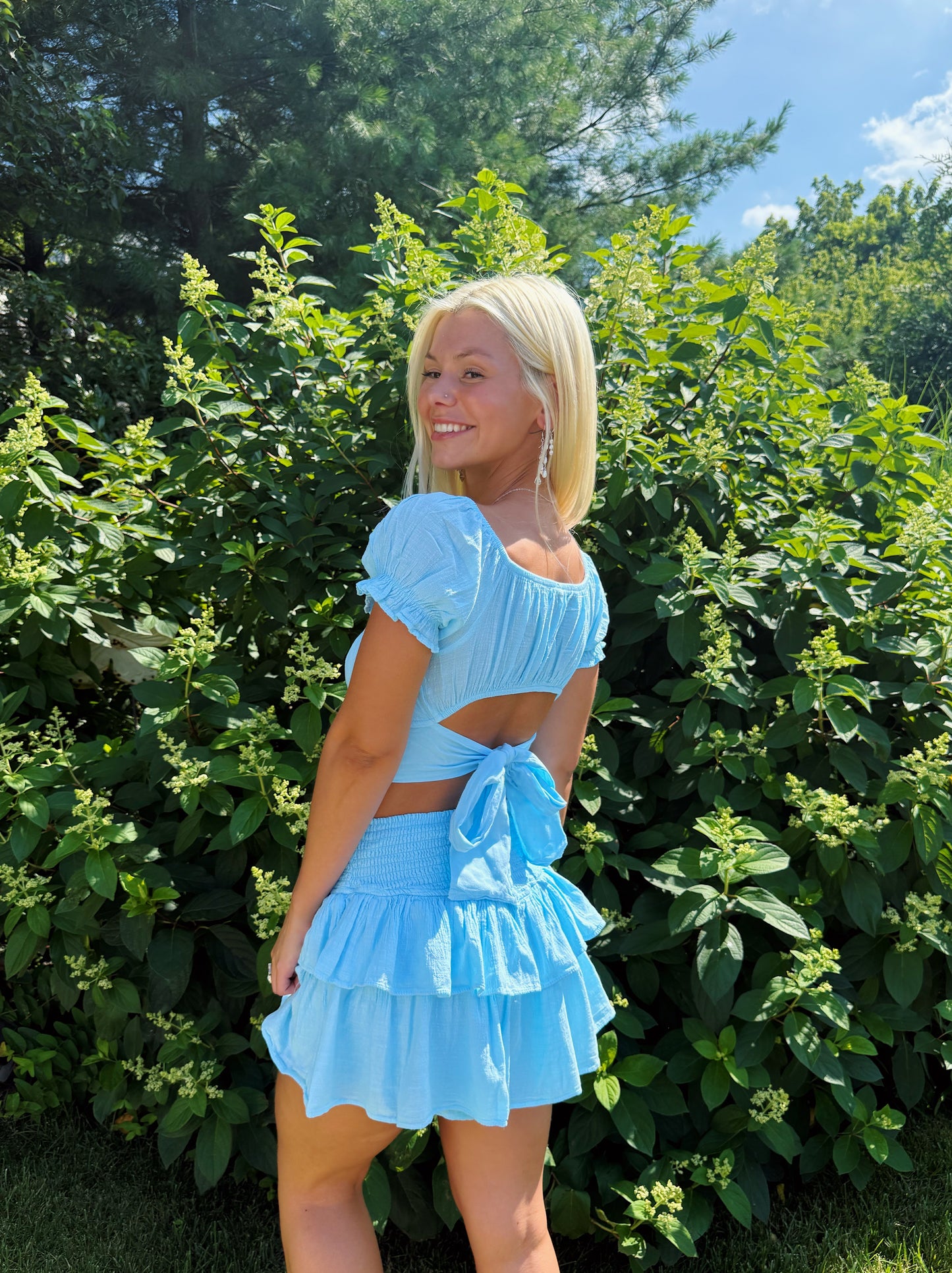 Baby Blue Short Sleeve Tie Back Top & Matching Ruffle Elastic Skirt