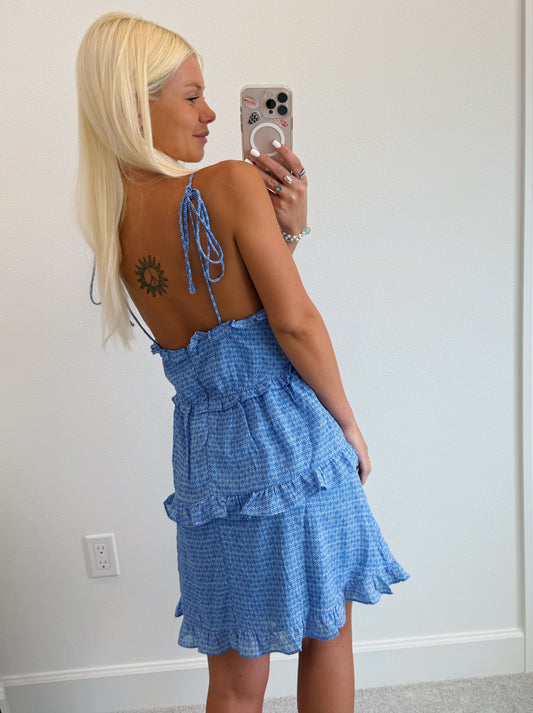 Blue Clover Print Tie Strap Ruffle Dress