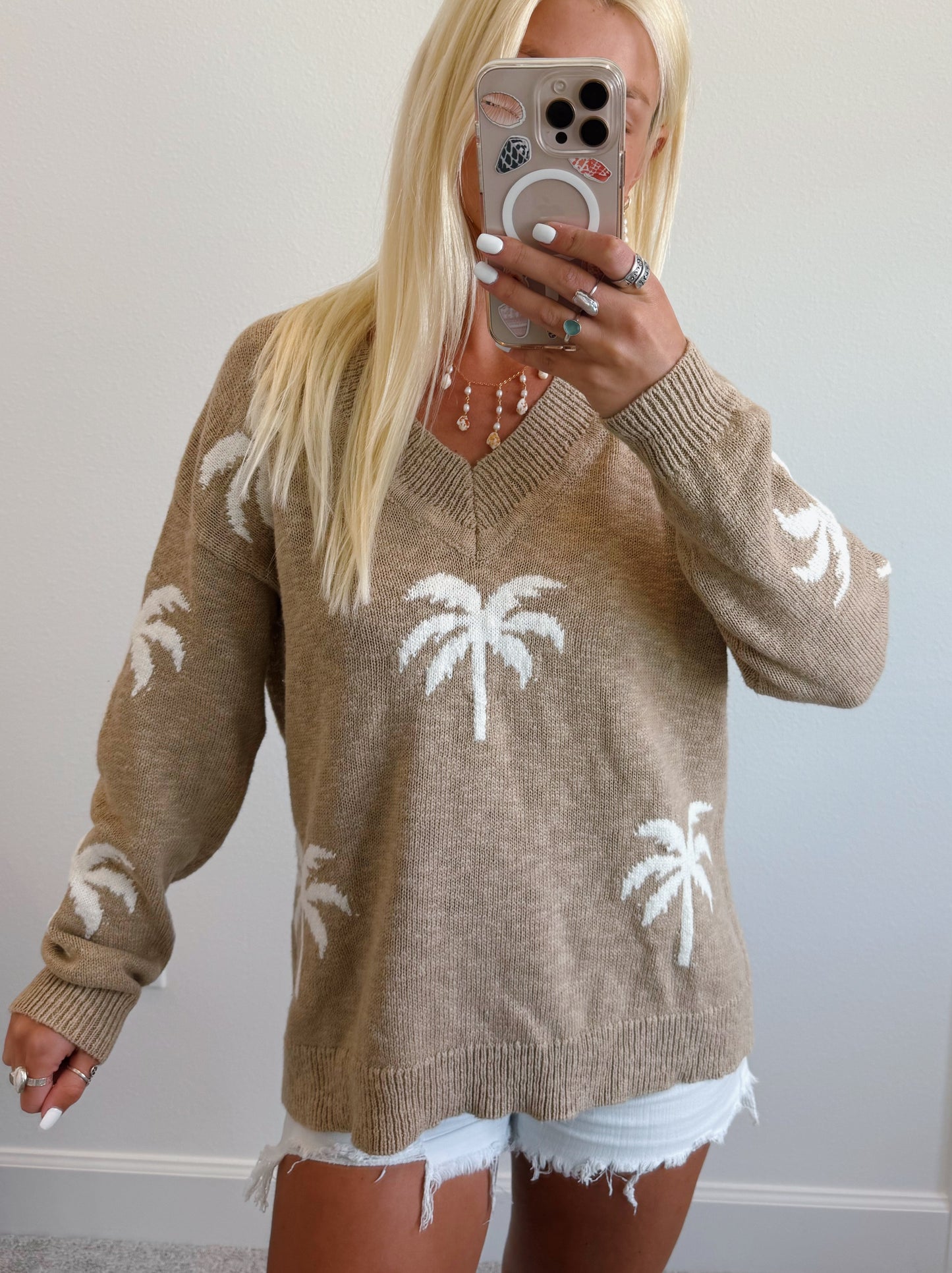 Tan Palm Tree V Neck Sweater