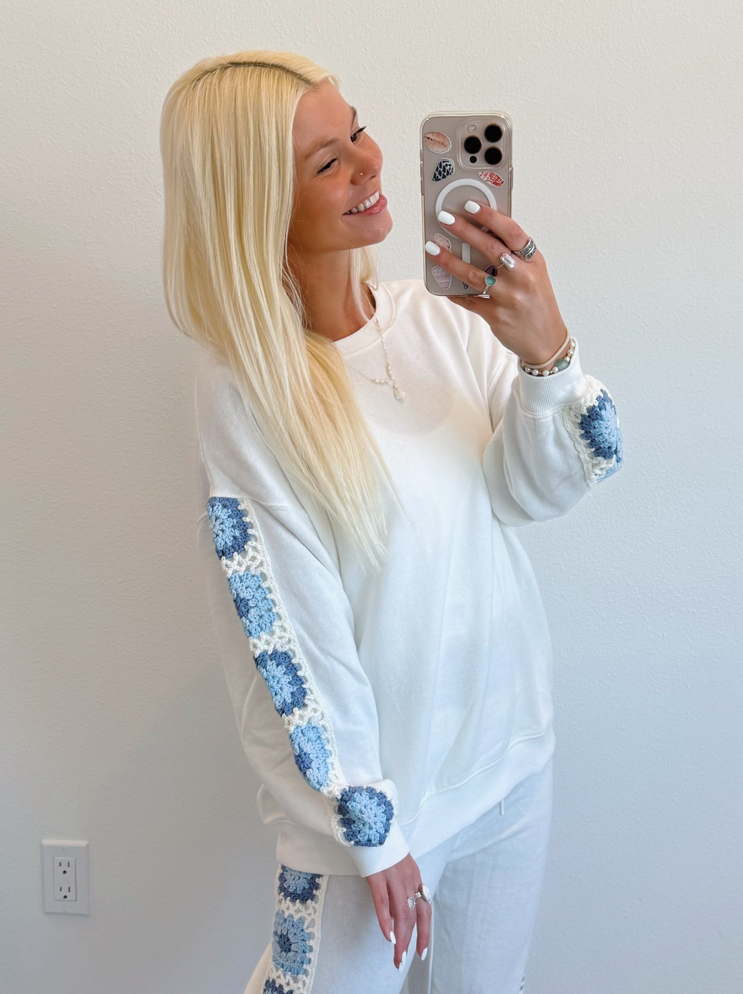 White & Blue Crochet Crewneck