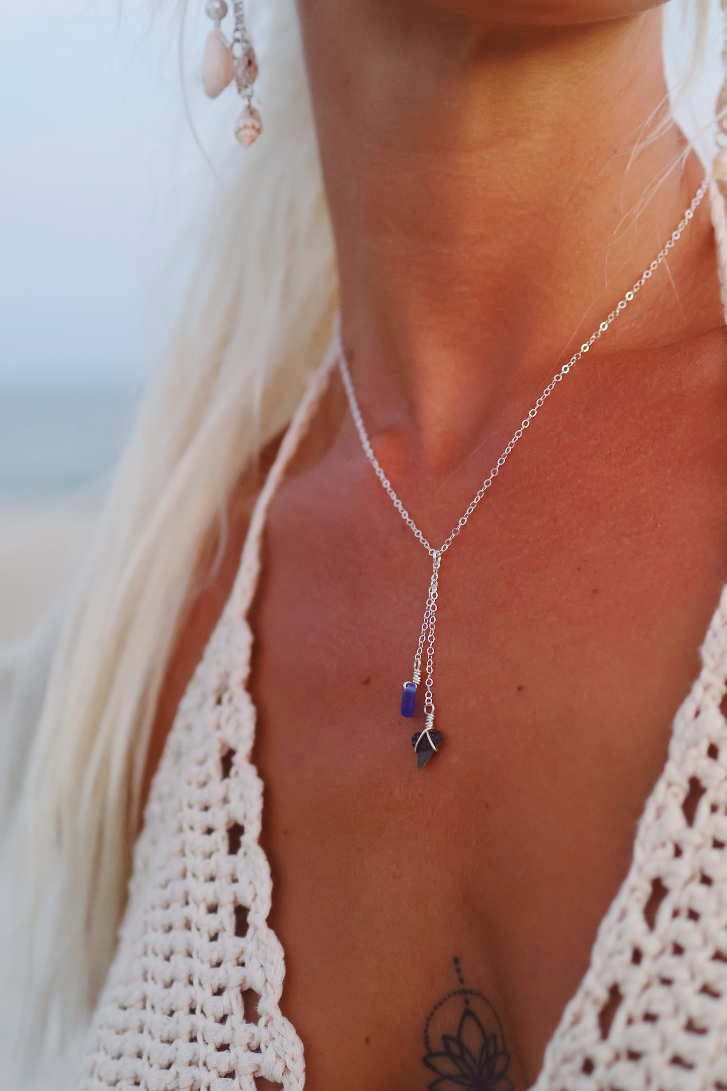 Sterling Silver Shark Tooth & Royal Blue Sea Glass Drop Necklace on
