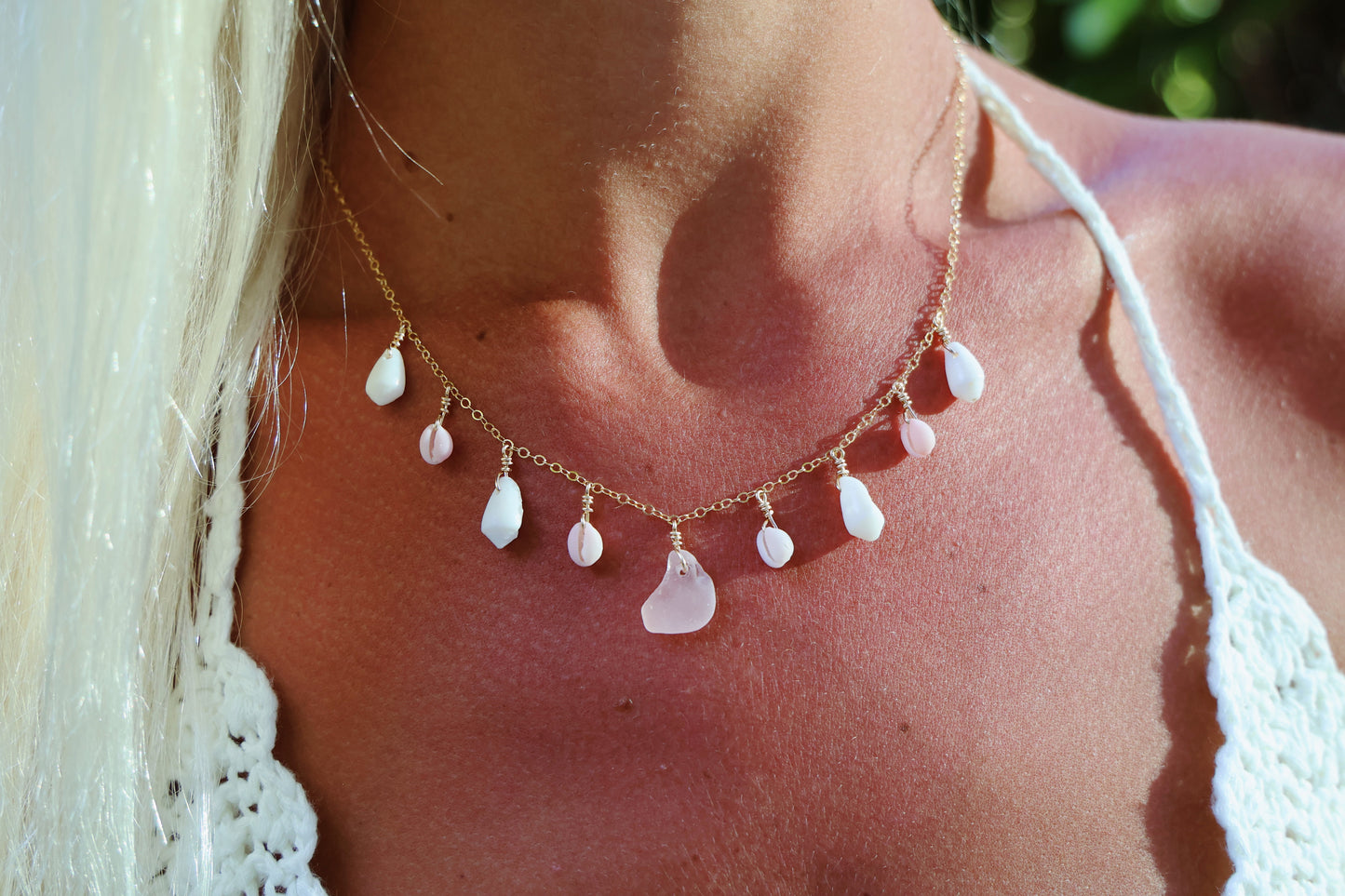Gold Filled Pink Sea Glass & Baby Cowrie Cone Shell Multi Necklace