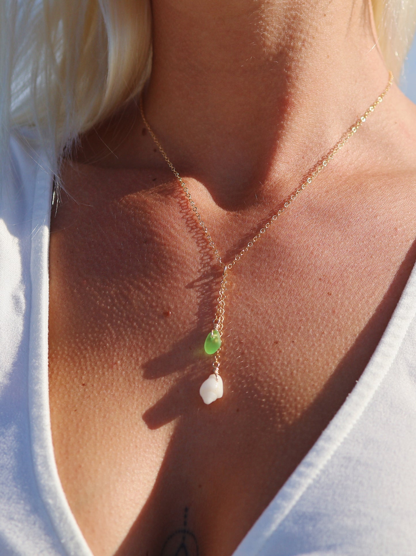 Gold Filled White Shell & Bright Green Sea Glass Drop Necklace