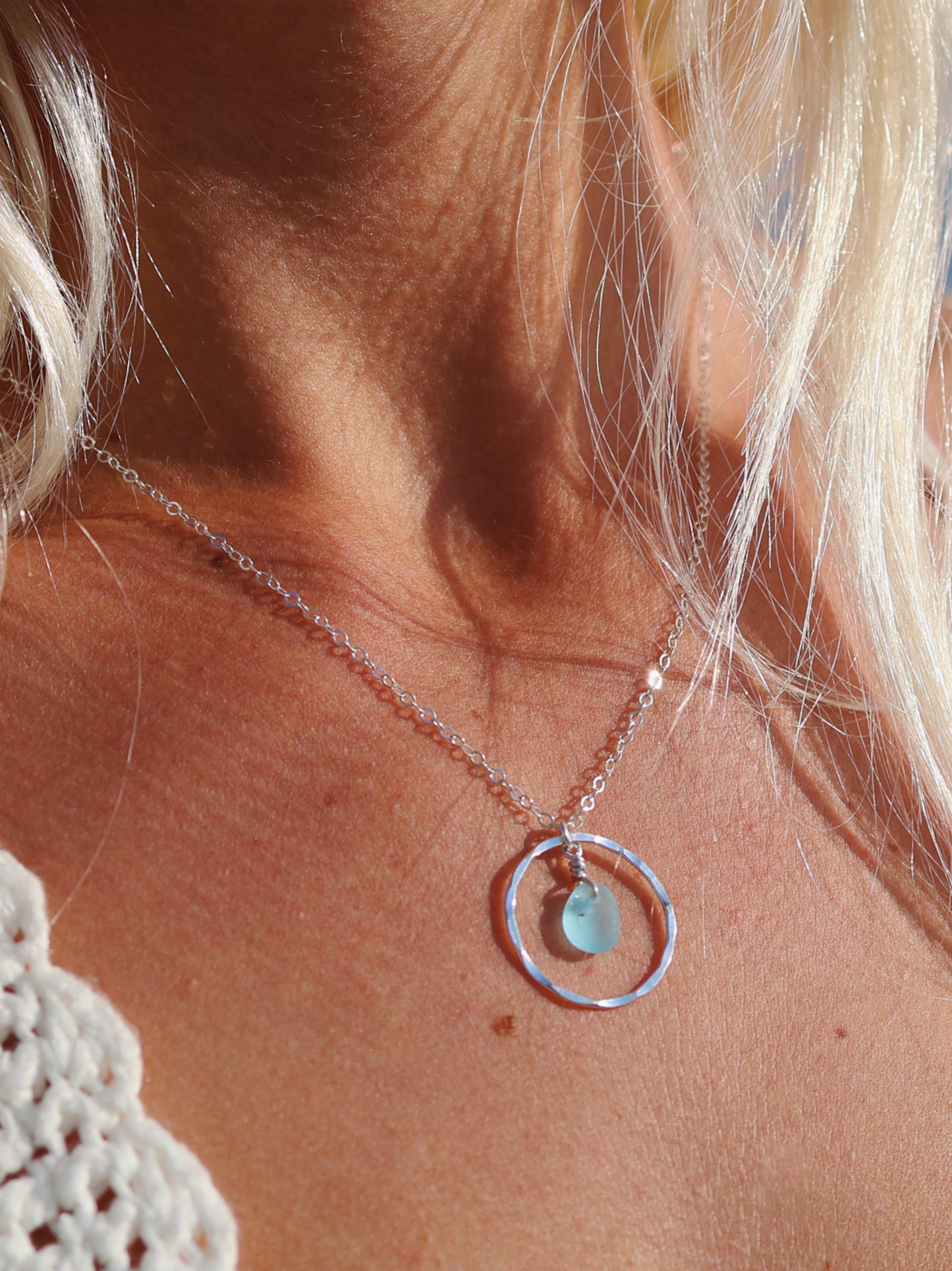Sterling Silver Baby Blue Sea Glass Shiny Hammered Circle Necklace