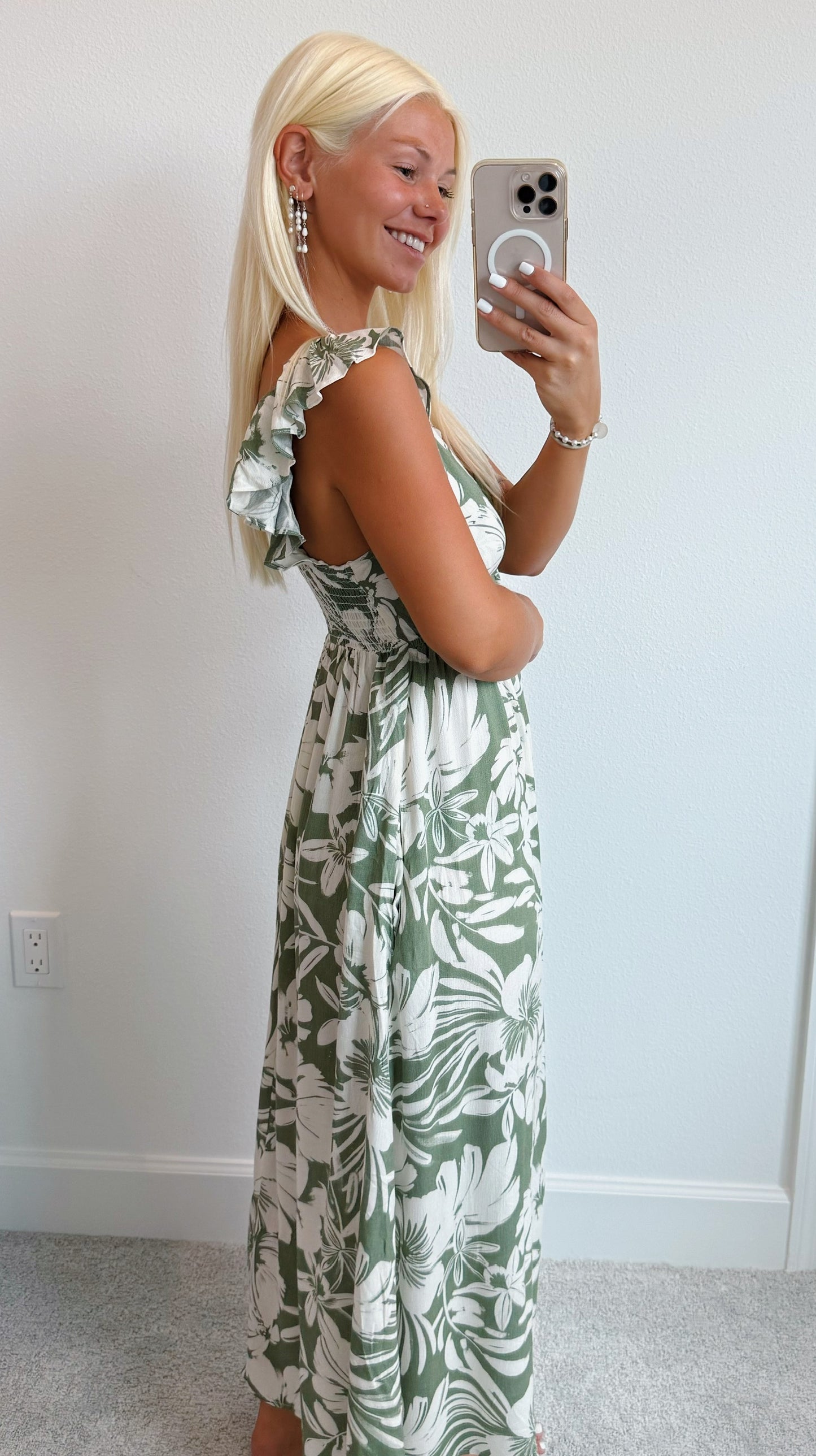 Olive Green Tropical Leaf Ruffle Shoulder Midi Dress