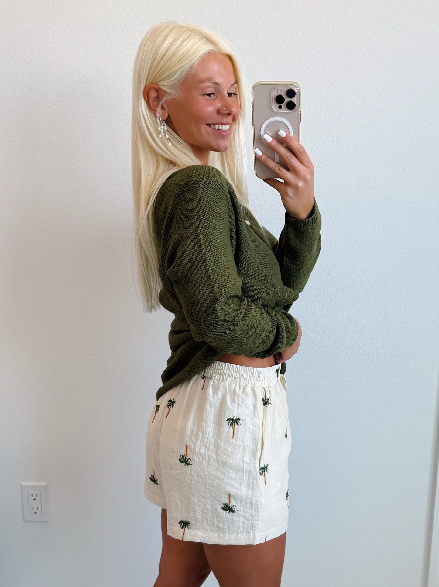 Cream Embroidered Mini Palm Tree Shorts