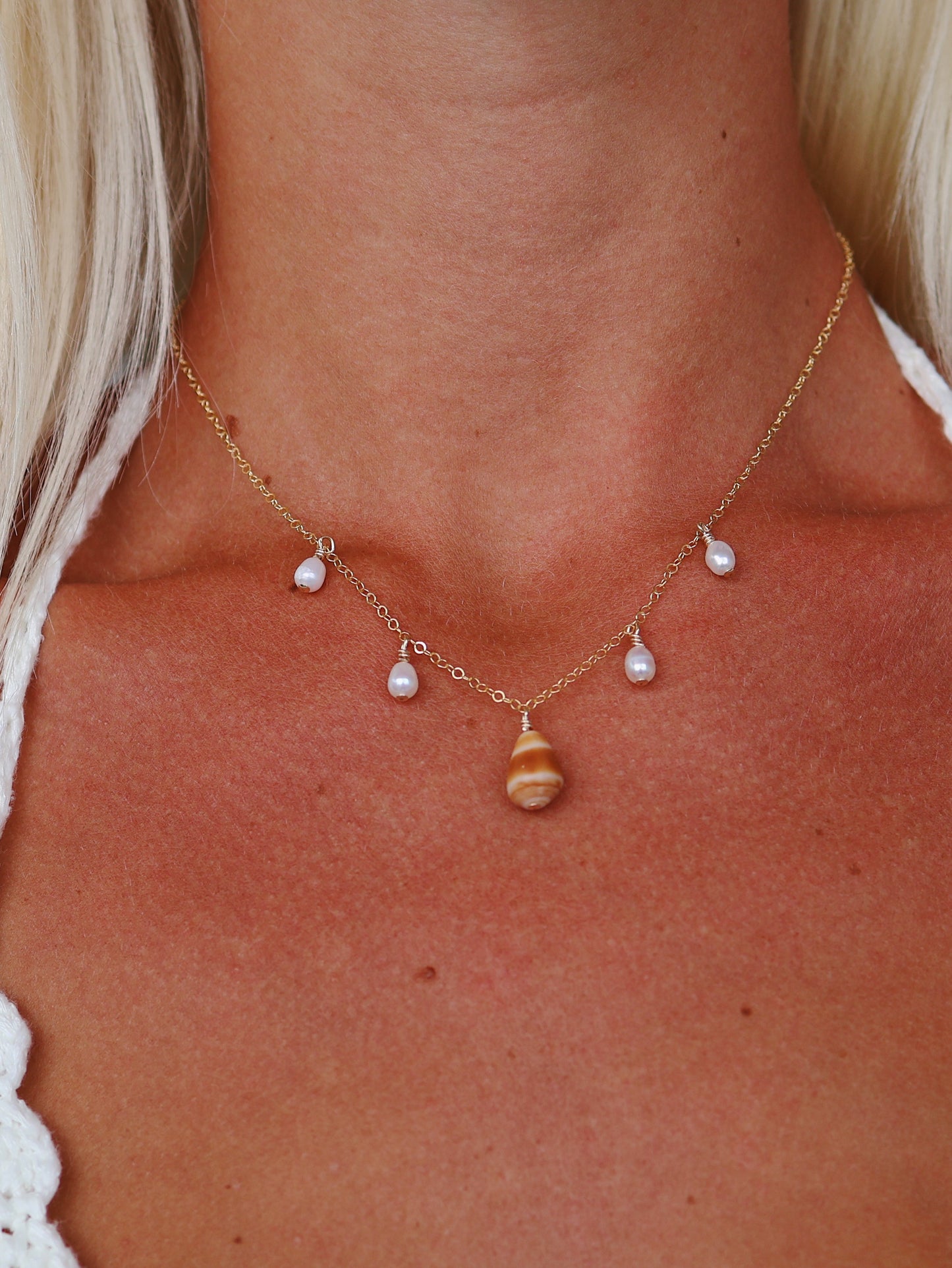 Gold Filled Orange Cone Shell & Baroque Pearl Multi Necklace