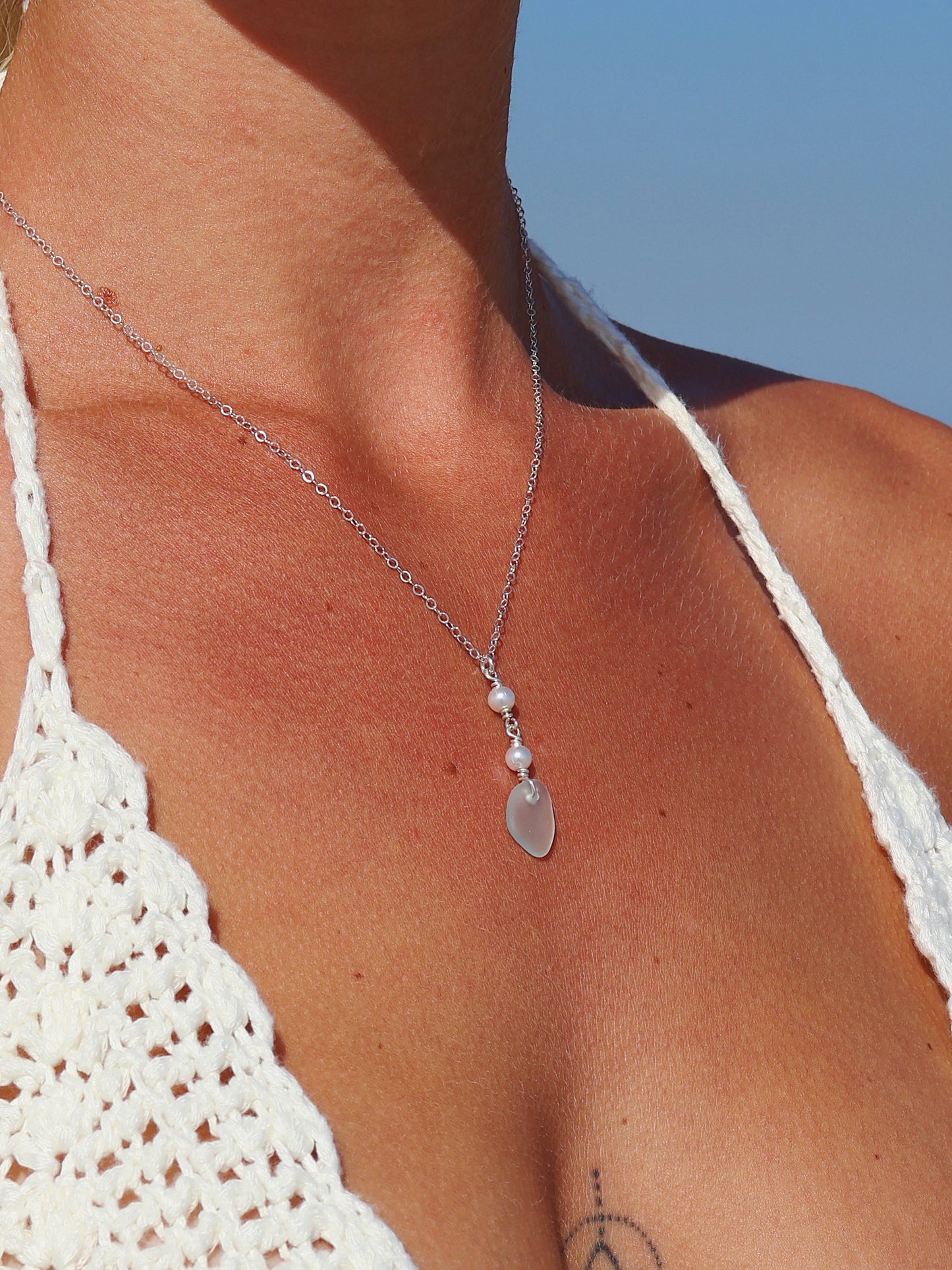 Sterling Silver Light Blue Sea Glass & Freshwater Pearl Necklace