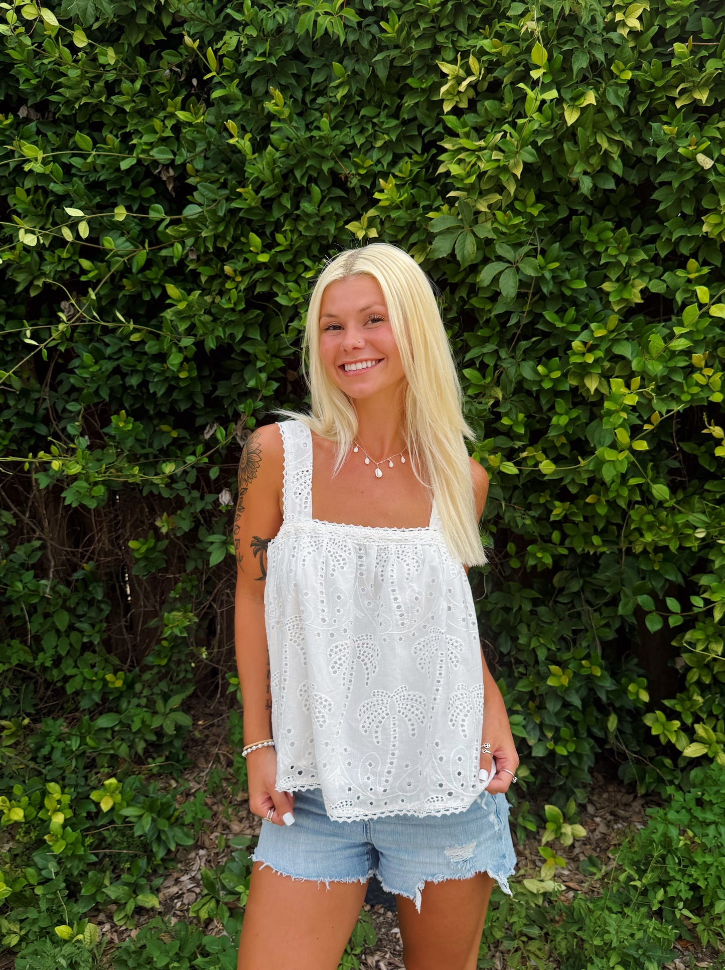 White Embroidered Palm Tree Babydoll Tank
