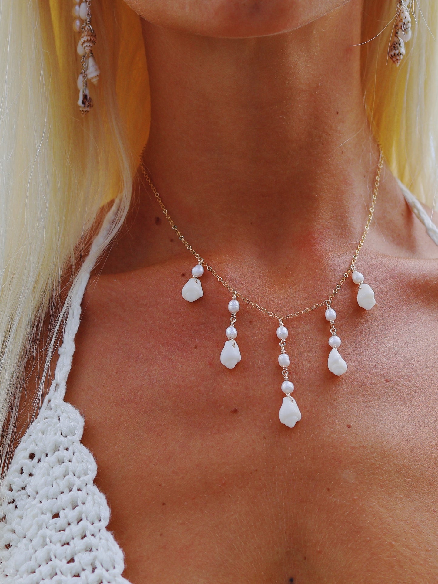 Gold Filled White Spiral Shell Dangle Drop Multi Necklace