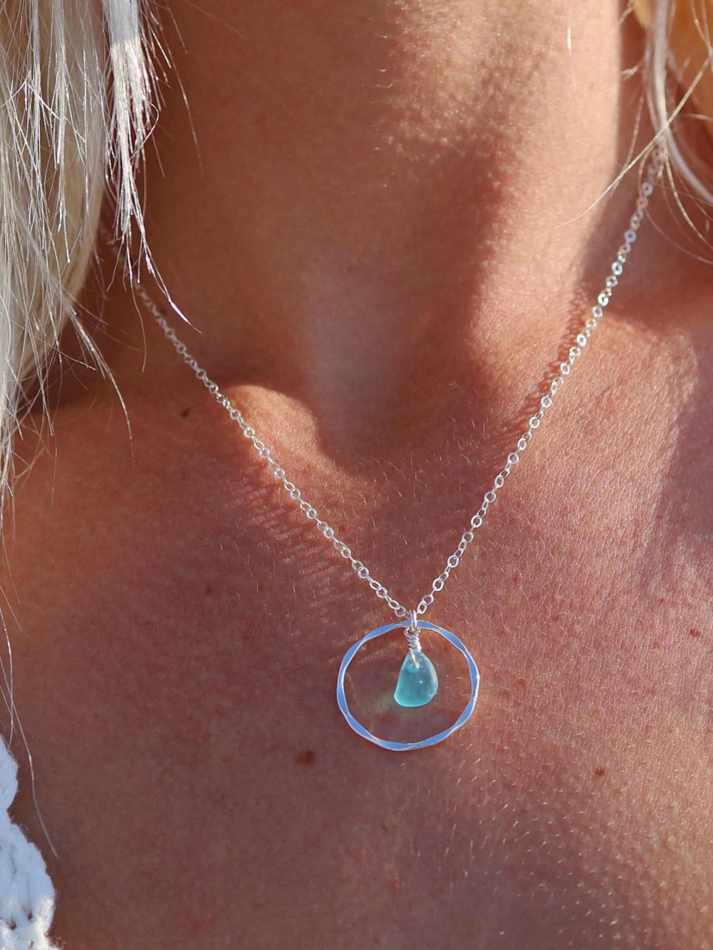 Sterling Silver Turquoise Sea Glass Shiny Hammered Circle Necklace