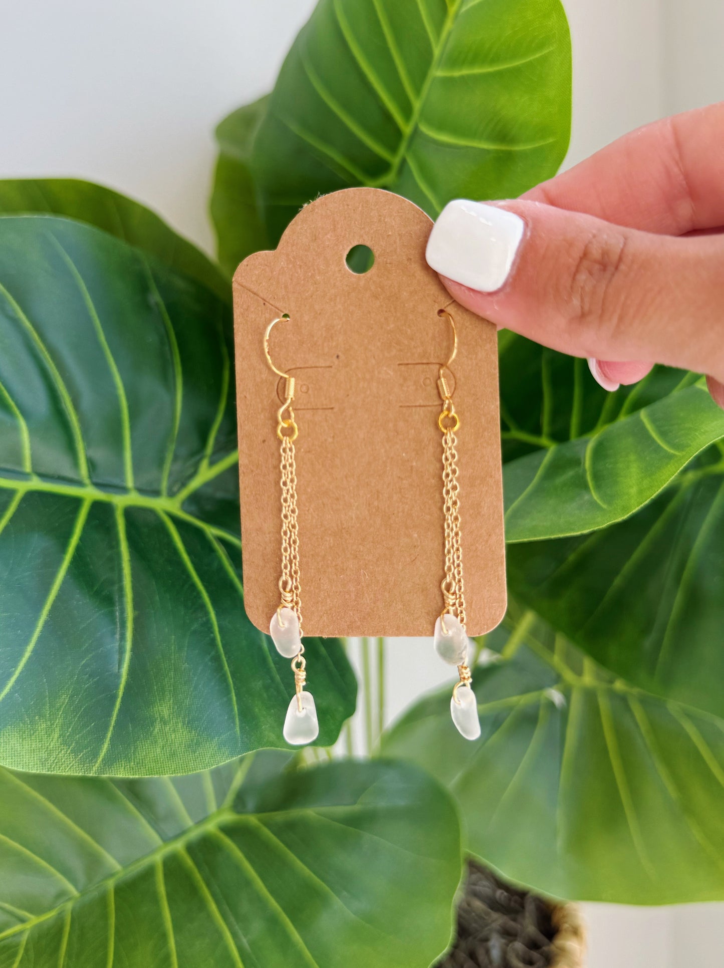 Gold Clear Sea Glass Double Drop Earrings