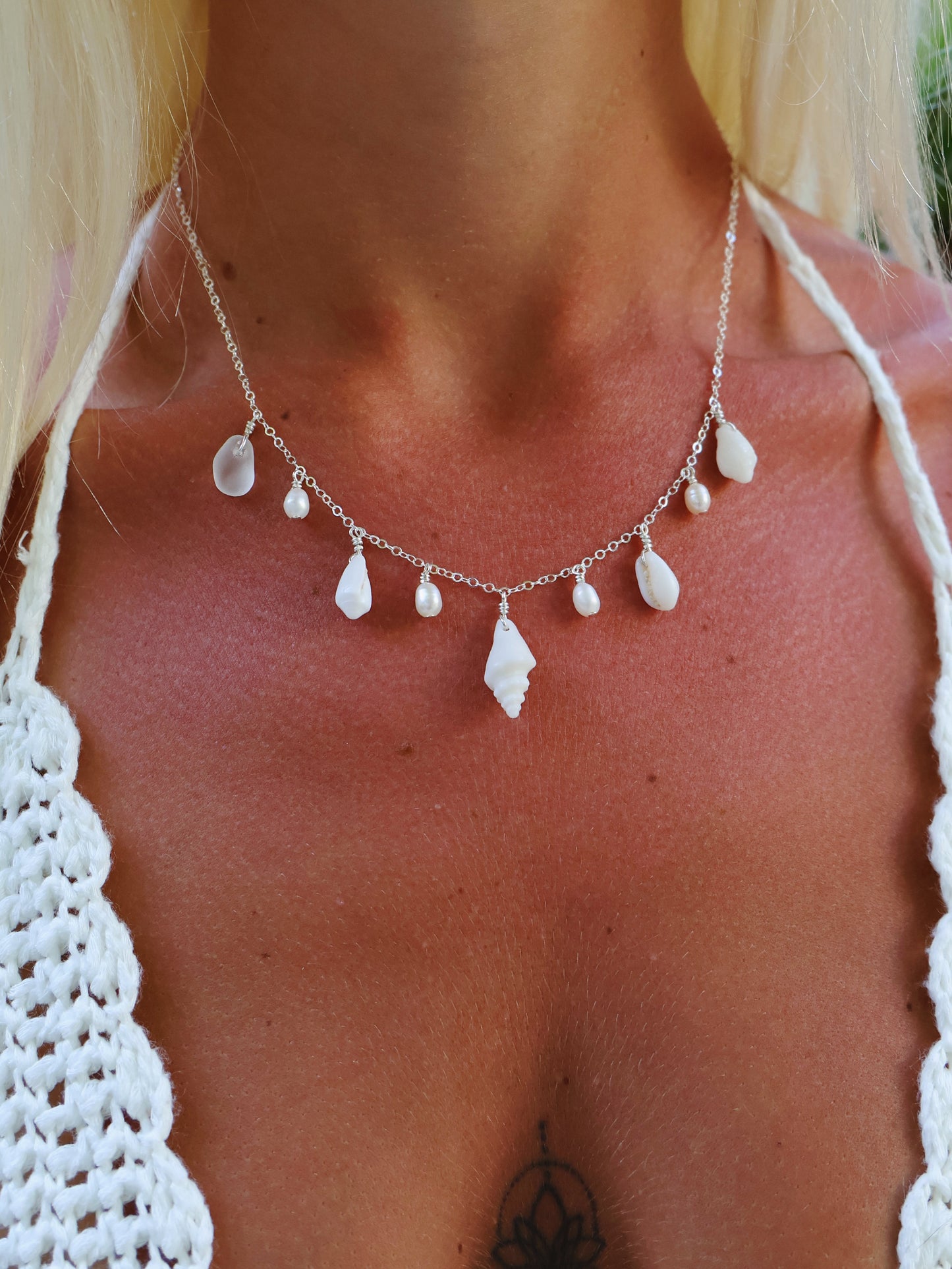 Sterling Silver White Conch Mix Shell Baroque Pearl Multi Necklace