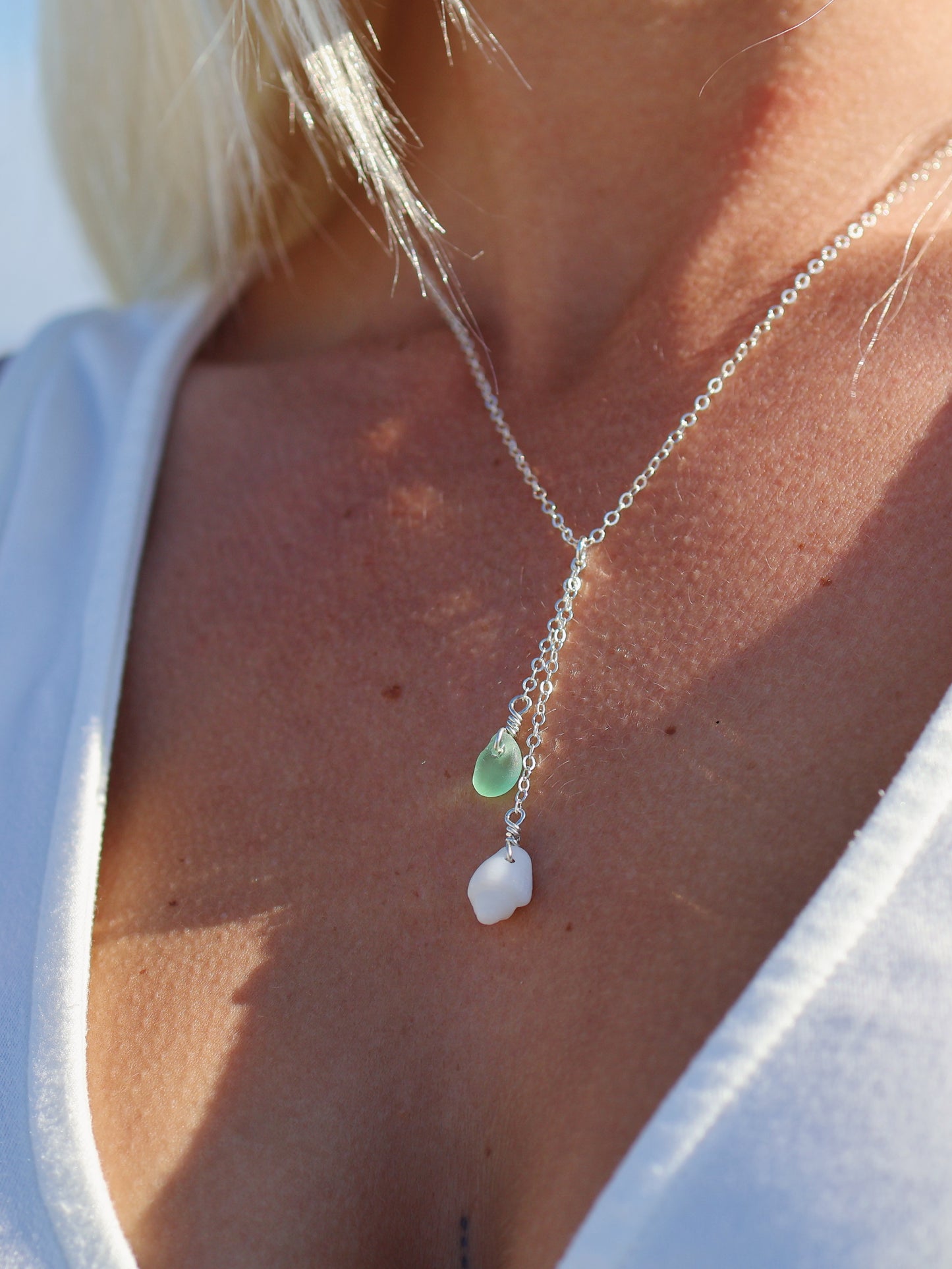 Sterling Silver White Shell & Light Green Sea Glass Drop Necklace