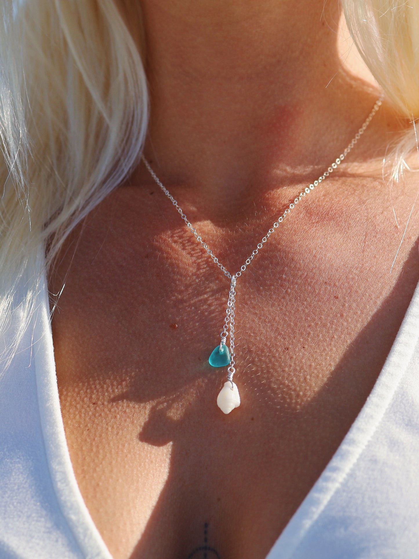 Sterling Silver White Shell & Teal Sea Glass Drop Necklace
