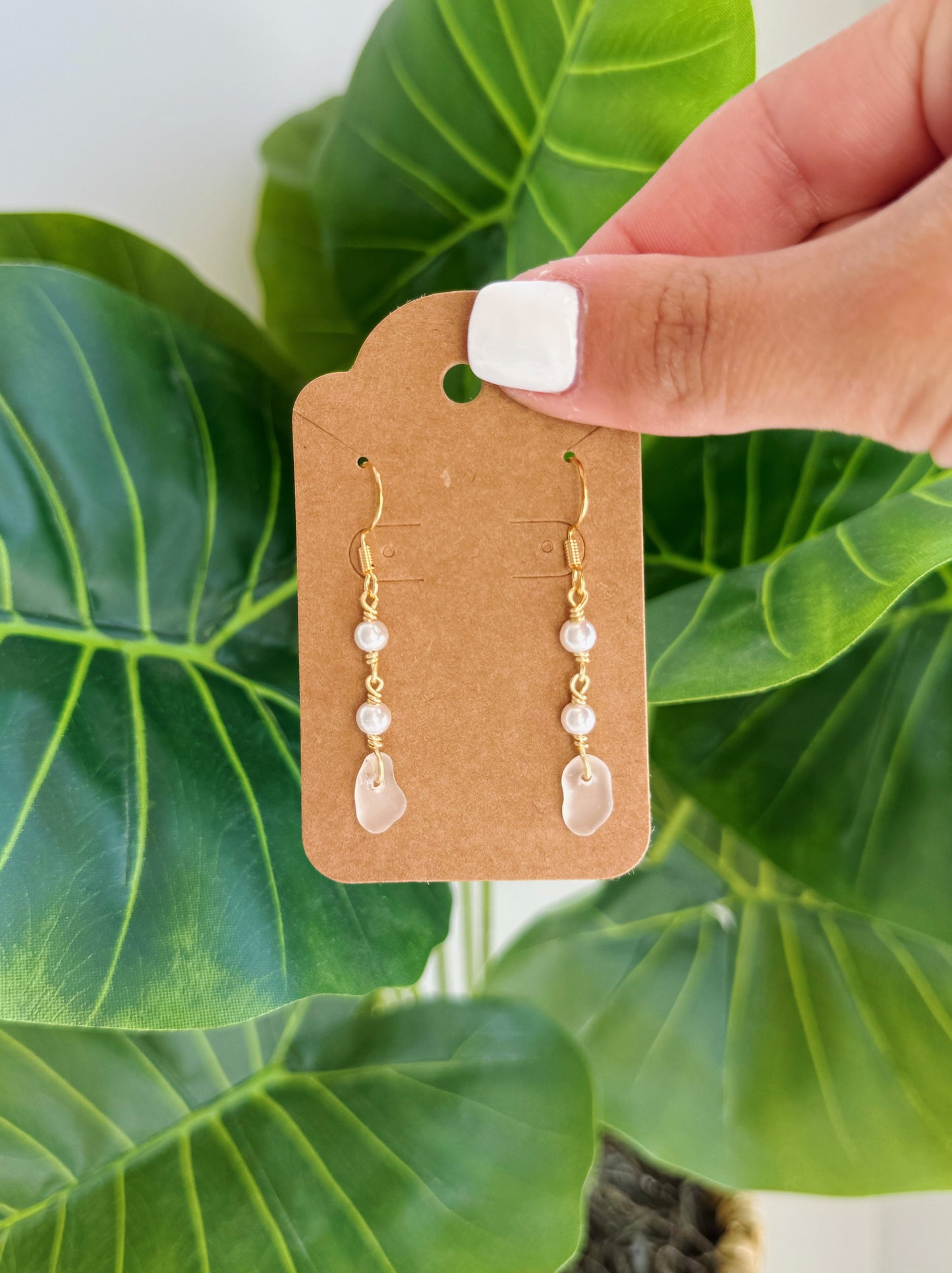 Gold Clear Sea Glass & Freshwater Pearl Drop Earrings
