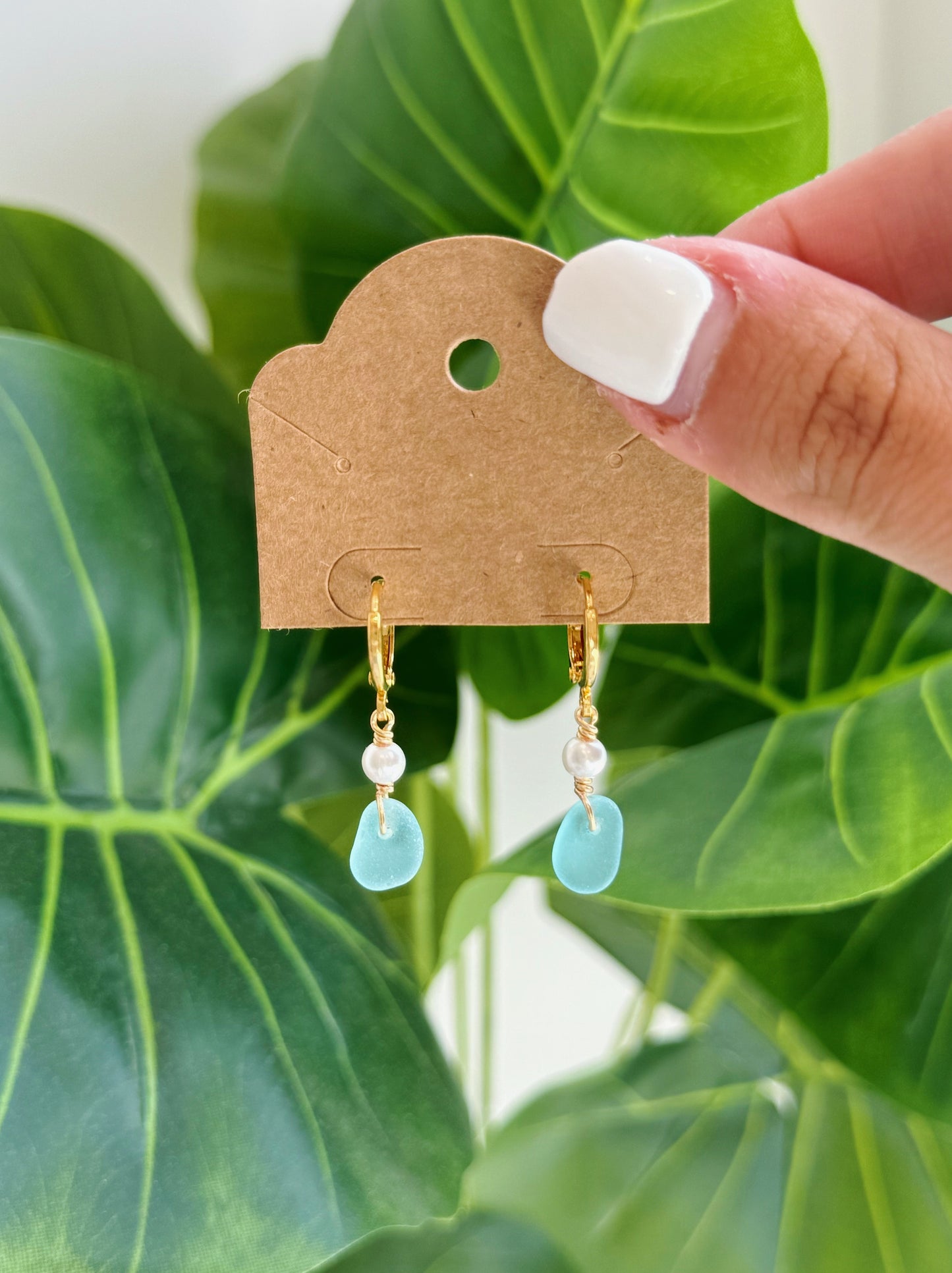 Gold Baby Blue Sea Glass Pearl Hoop Earrings
