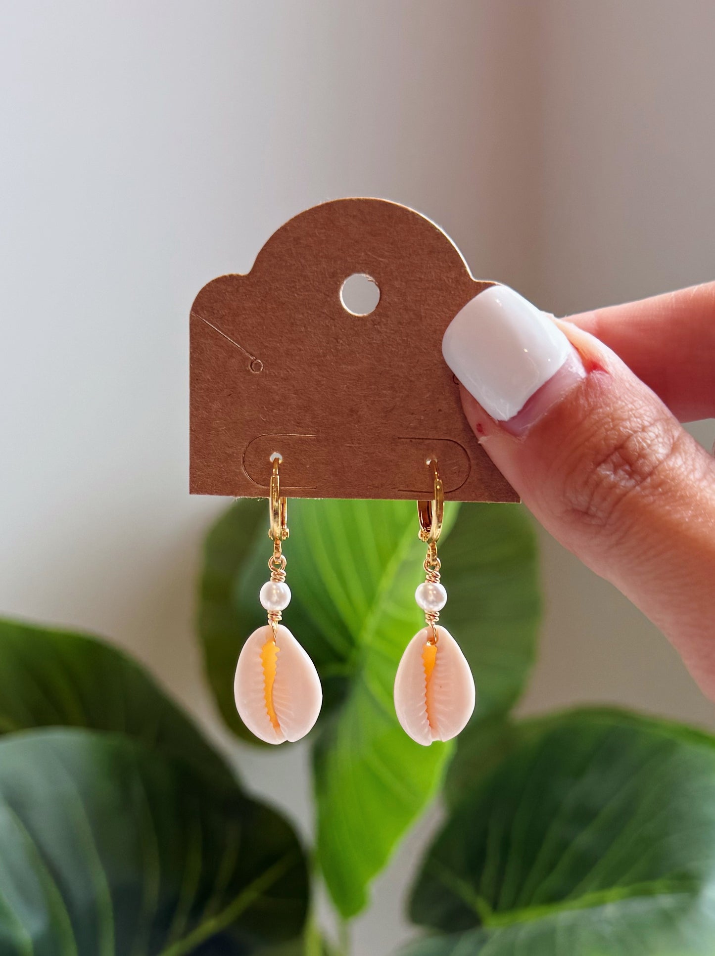 Gold Cowrie Shell Pearl Hoop Earrings