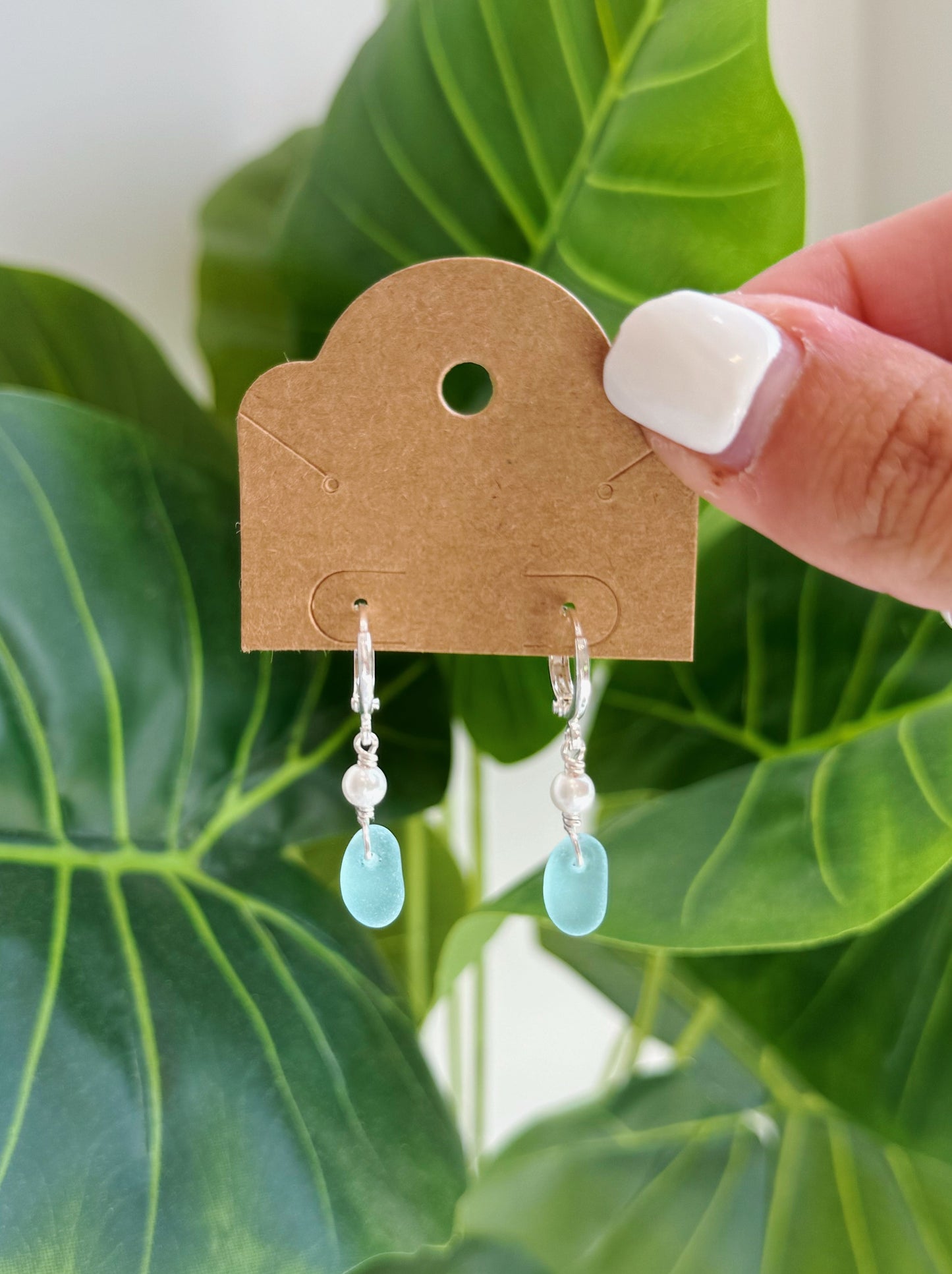 Silver Baby Blue Sea Glass Pearl Hoop Earrings