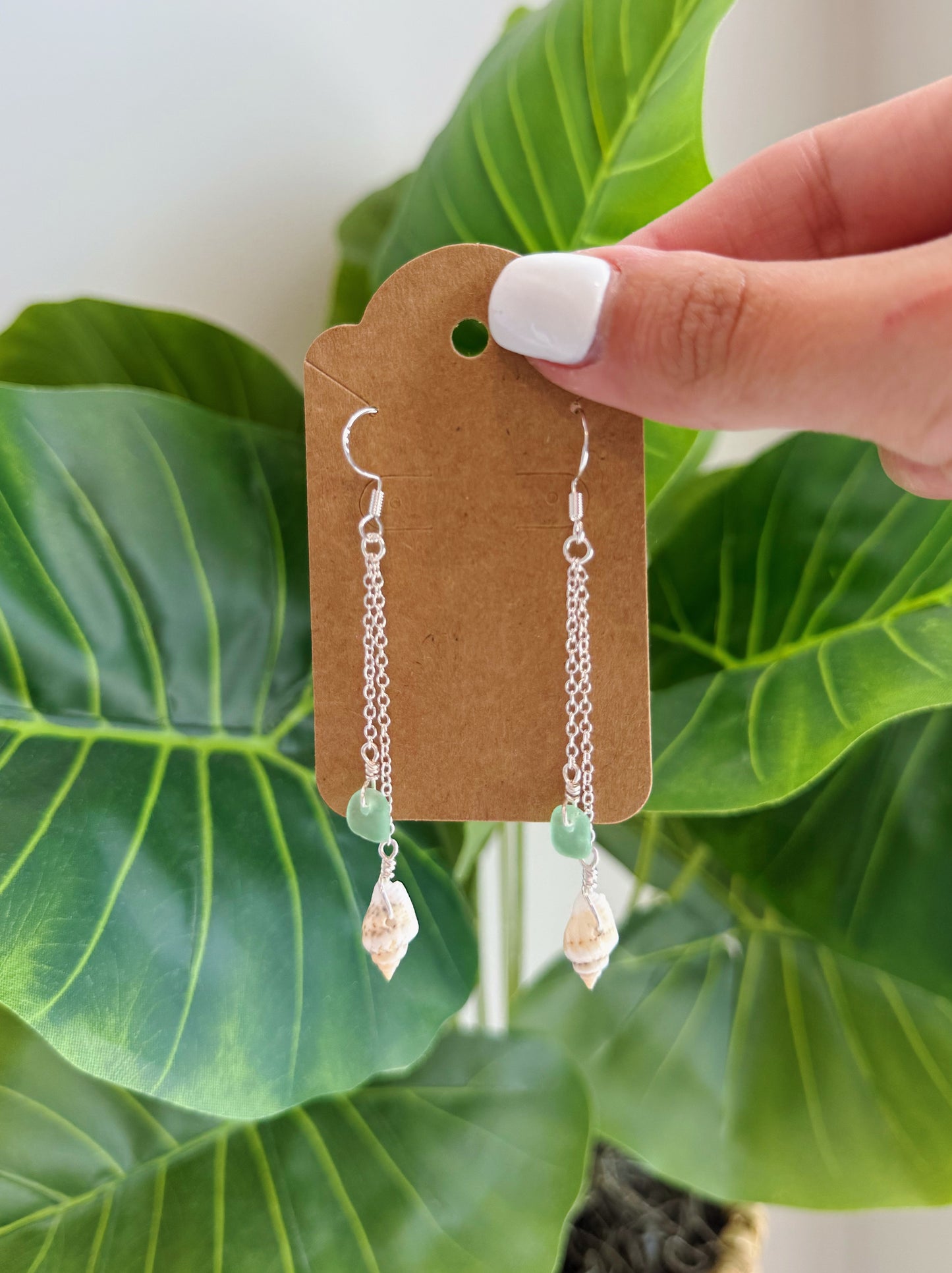 Silver Shell & Light Green Sea Glass Drop Earrings