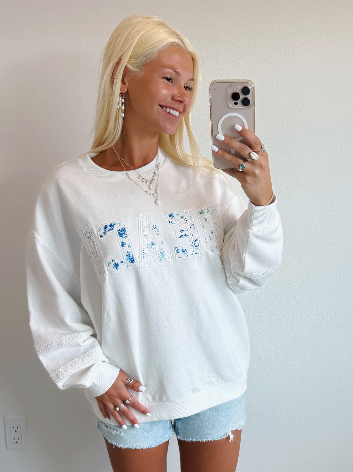 Floral Beach Lettering Lace Crewneck