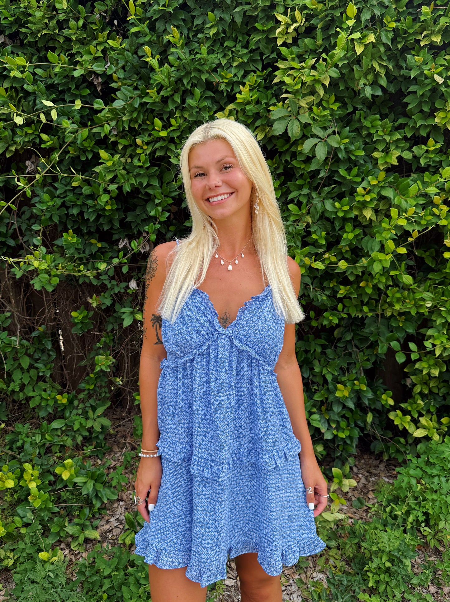 Blue Clover Print Tie Strap Ruffle Dress
