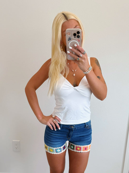 Colorful Crochet Trim Jean Shorts