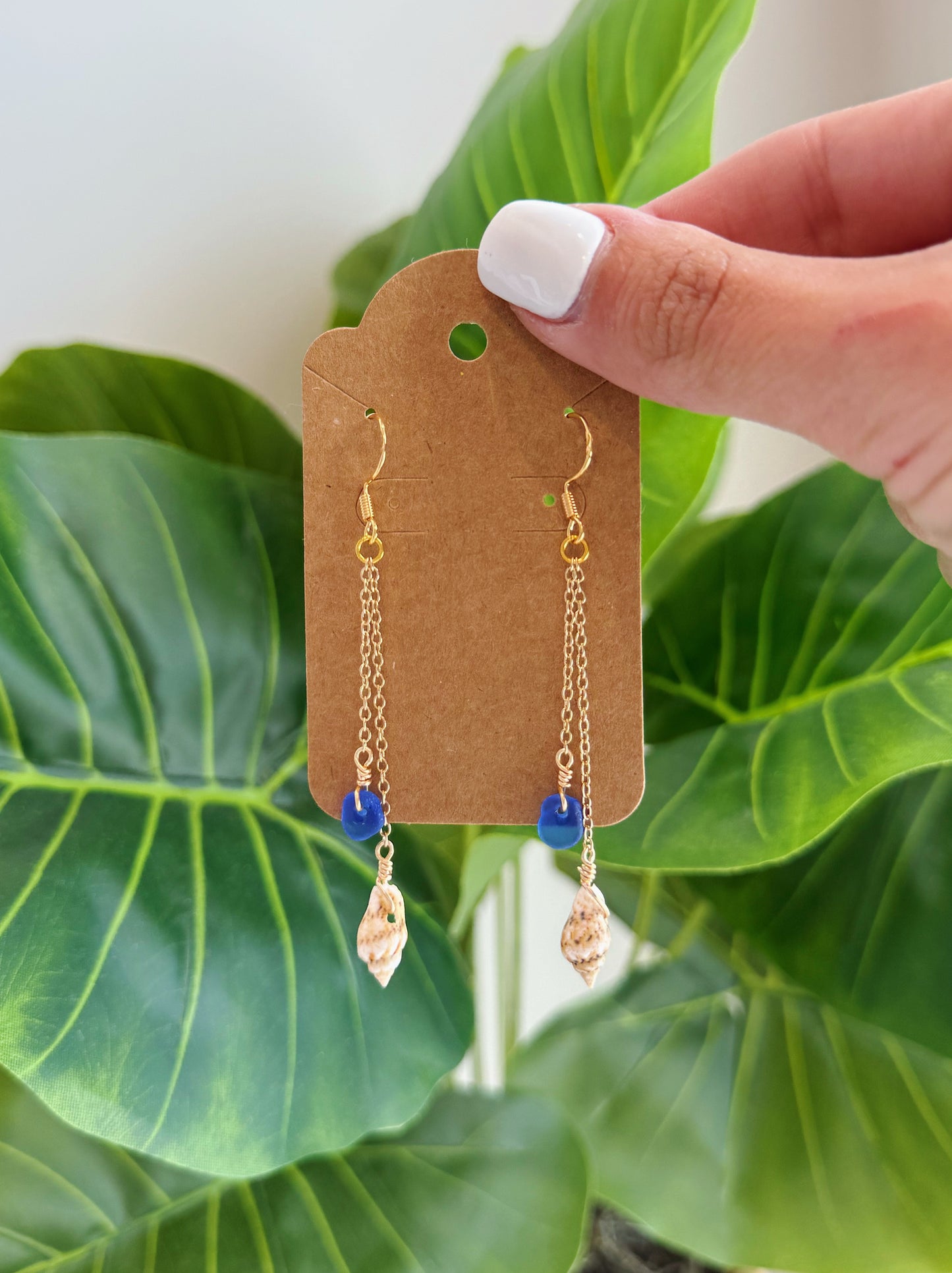 Gold Shell & Royal Blue Sea Glass Drop Earrings