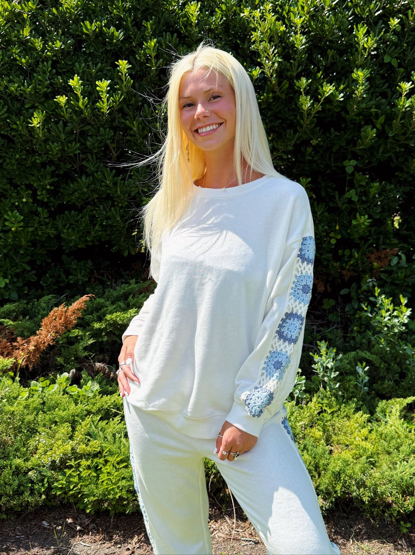 White & Blue Crochet Crewneck