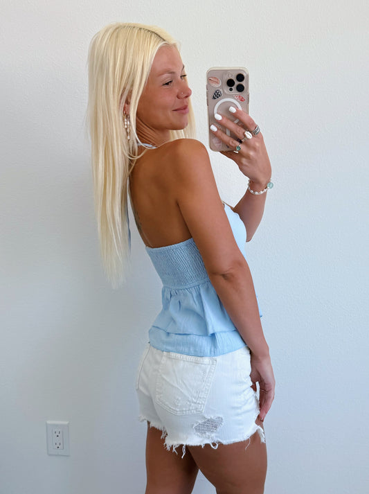 Light Blue Ruffle Halter Tie Top