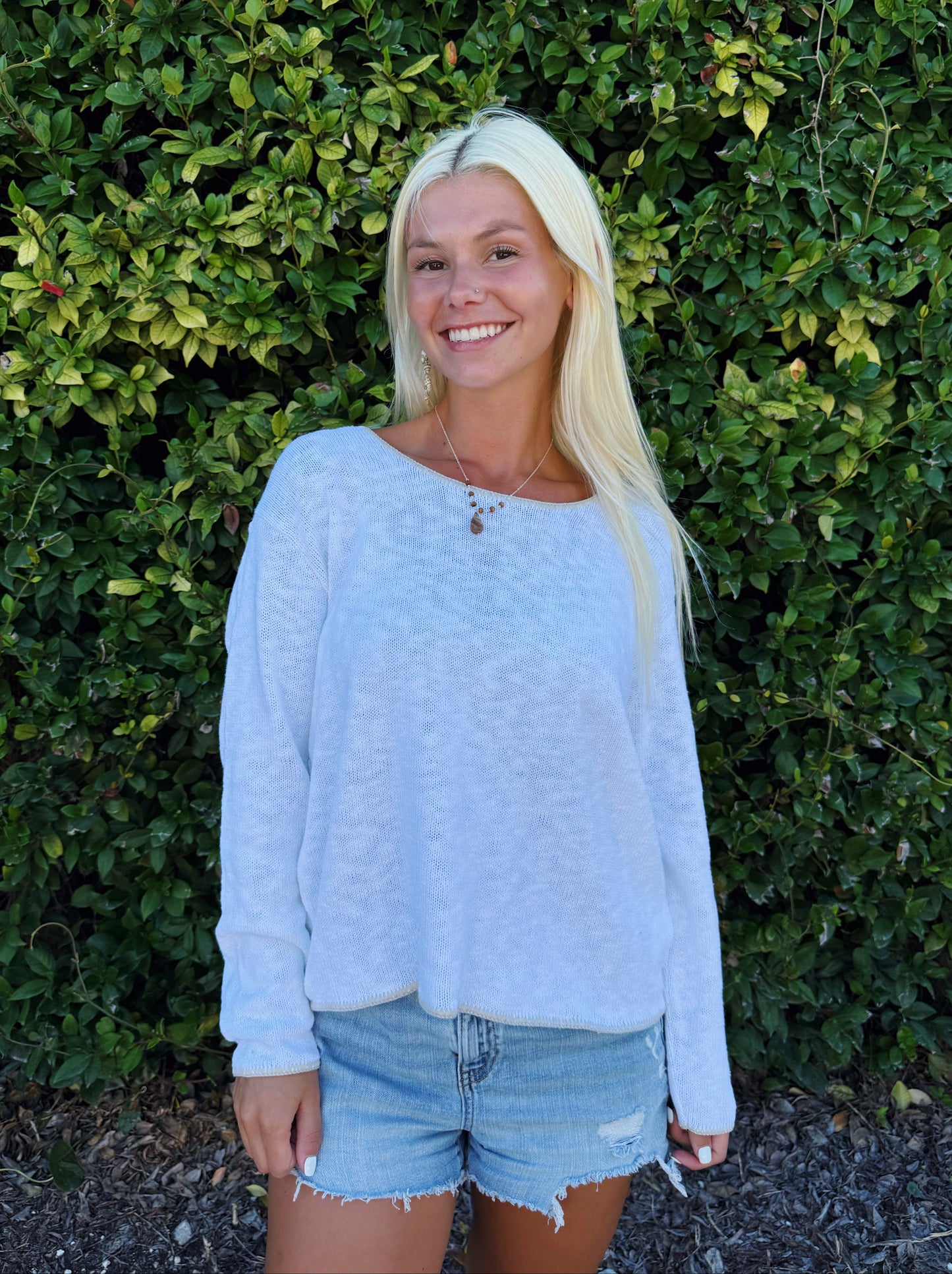 White with Desert Contrast Stitch Scoop Neck Sweater