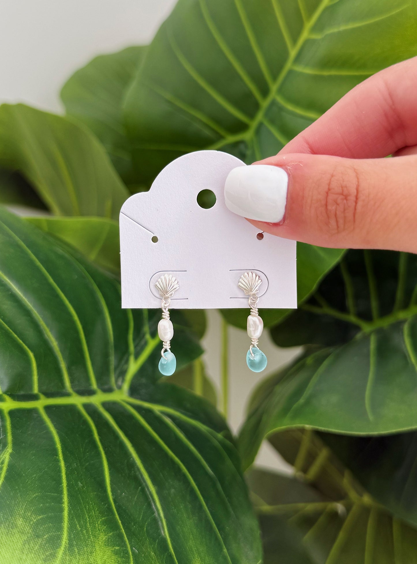 Sterling Silver Baby Blue Sea Glass Shell Studs