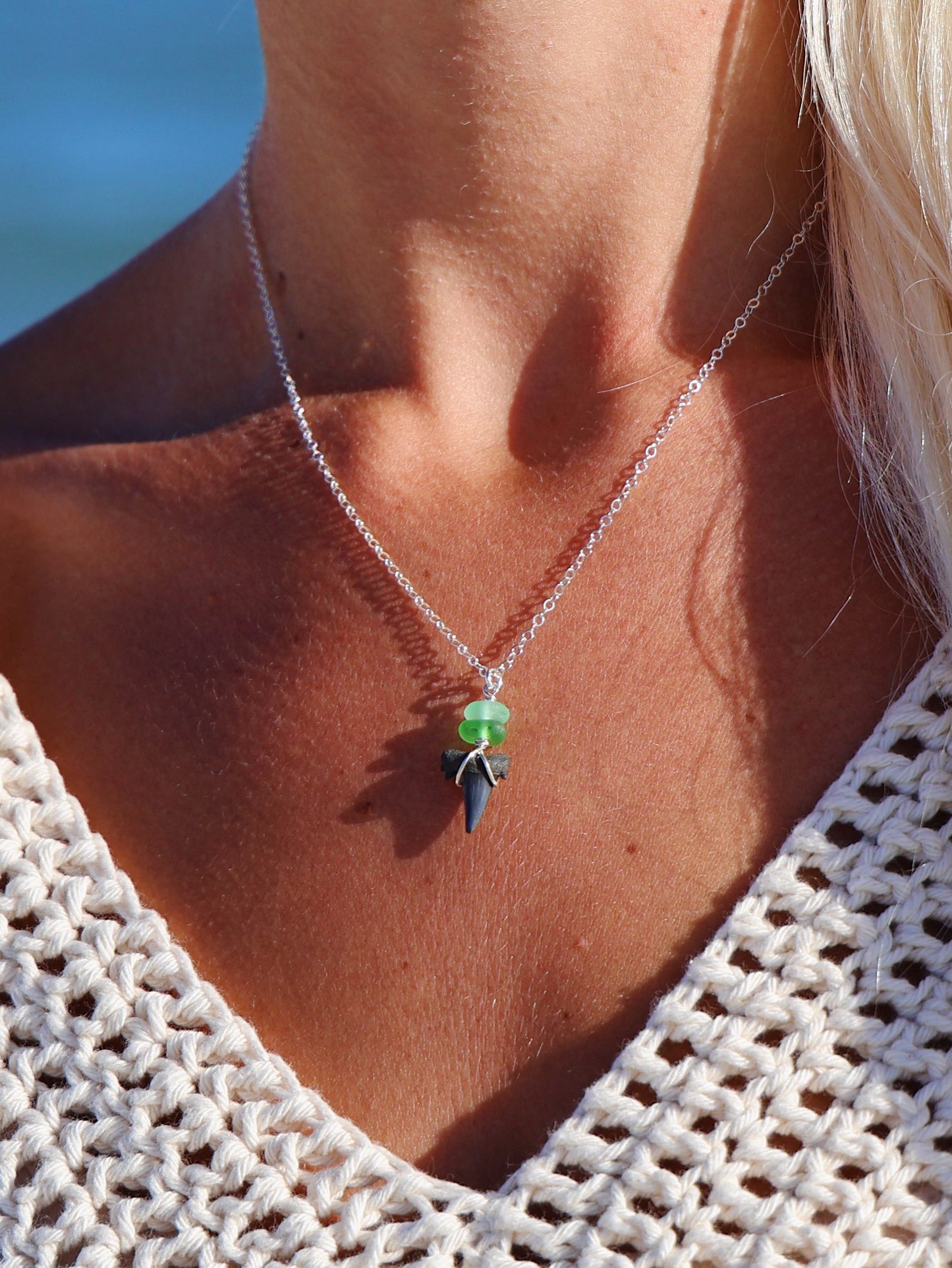 Sterling Silver Green Sea Glass Stack Shark Tooth Necklace