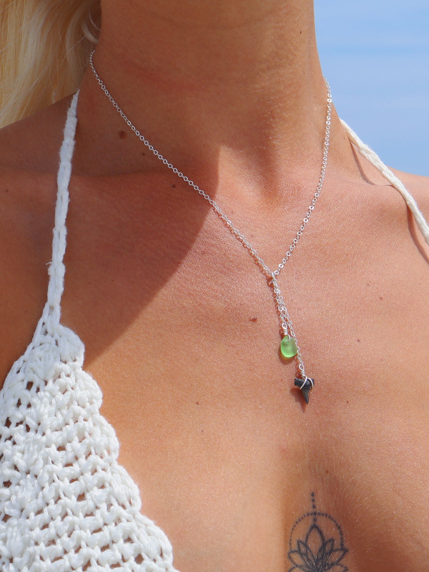 Sterling Silver Shark Tooth & Bright Green Sea Glass Drop Necklace