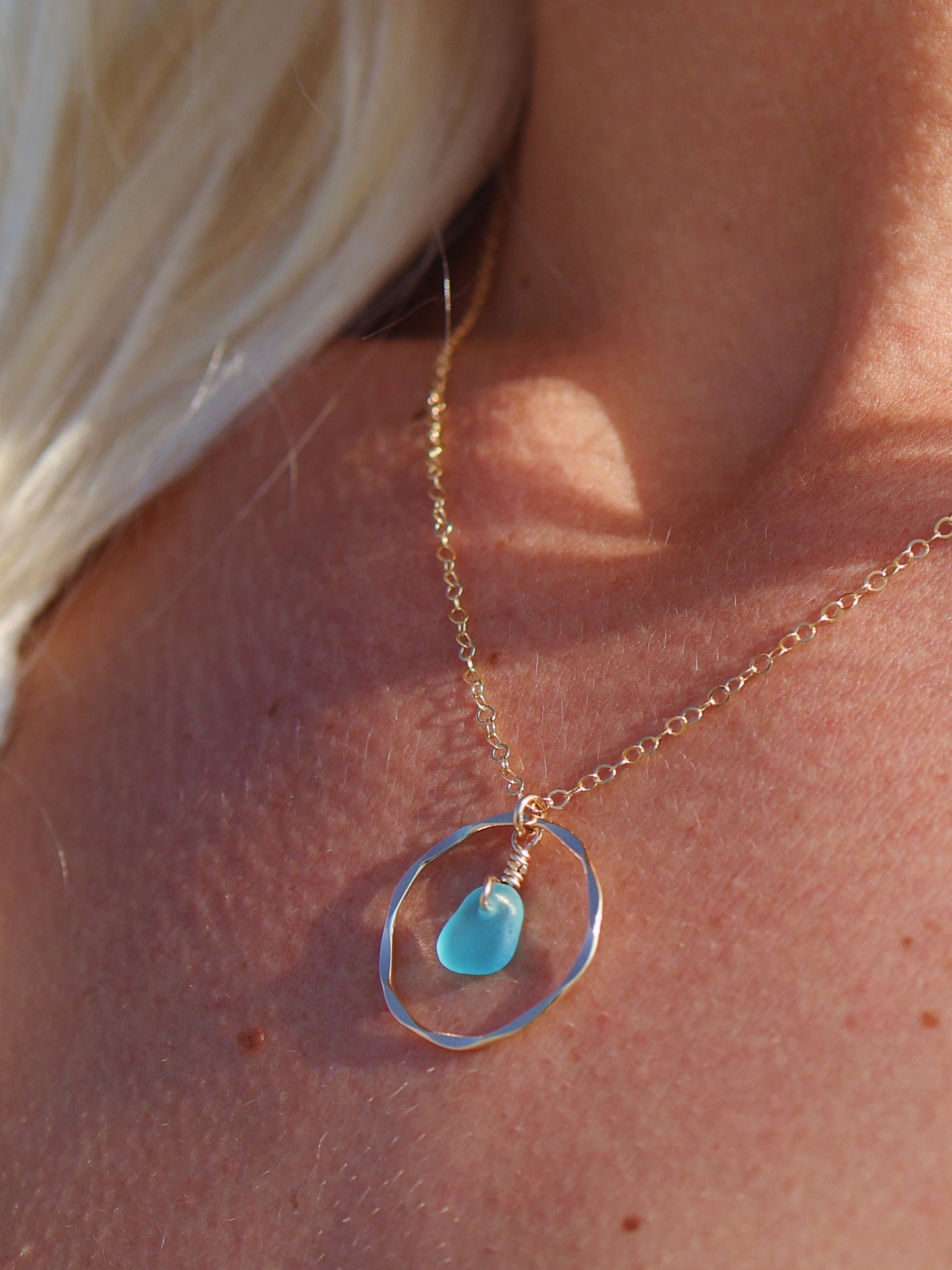 Gold Filled Turquoise Sea Glass Shiny Hammered Circle Necklace
