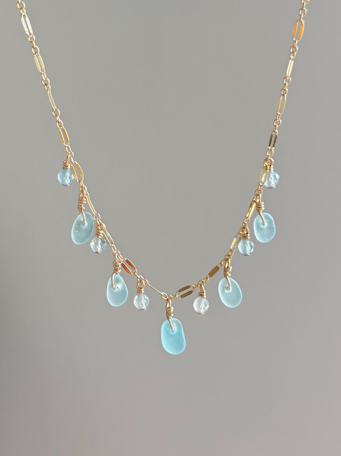 Gold Filled Baby Blue Sea Glass Gemstone Multi Sparkle Necklace