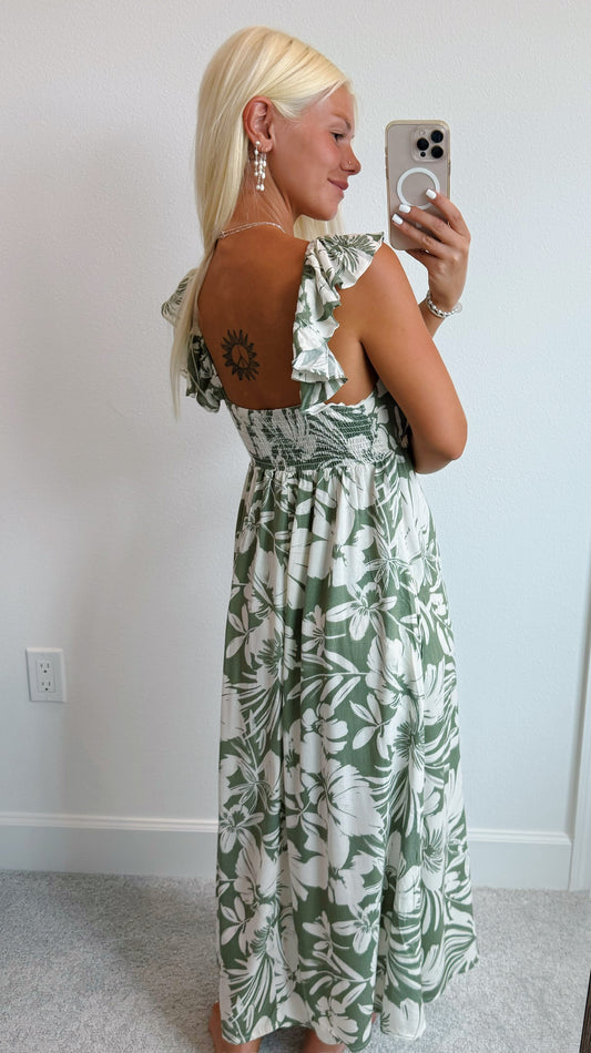 Olive Green Tropical Leaf Ruffle Shoulder Midi Dress