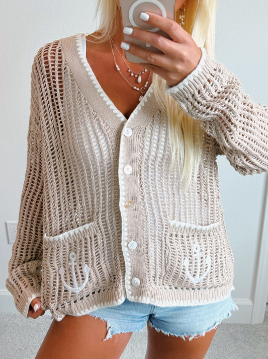 Neutral Coastal Anchor Lightweight Knit Cardigan