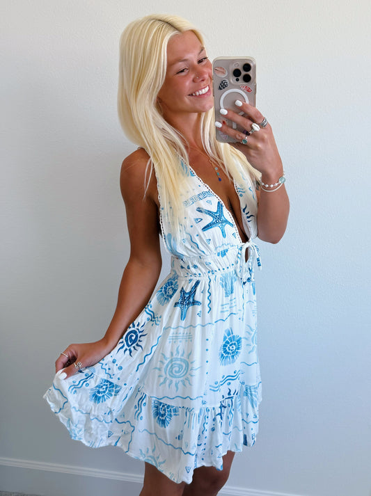 Blue Coastal Print Flowy Dress