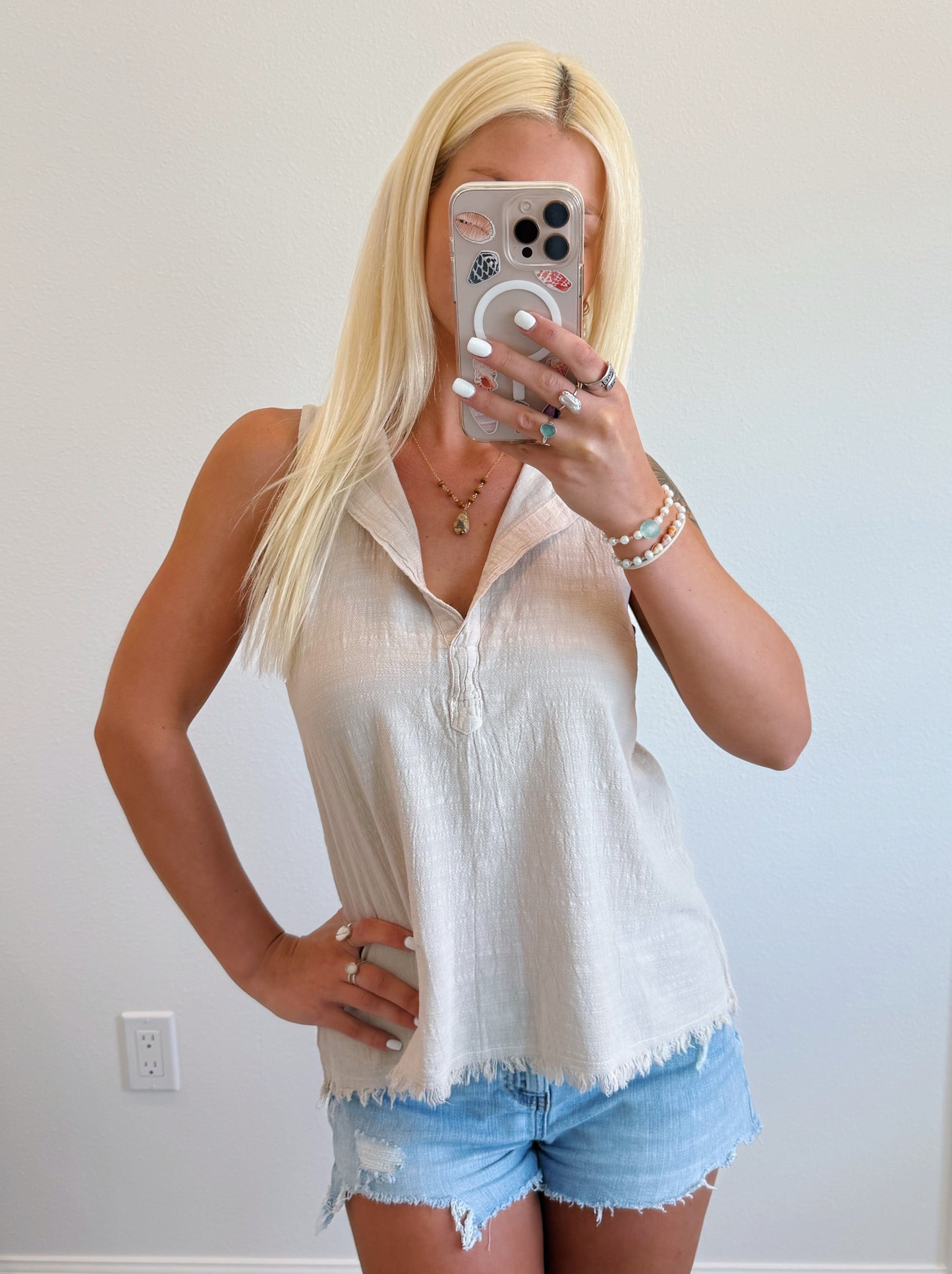 Beige V Neck Fringe Tank Top