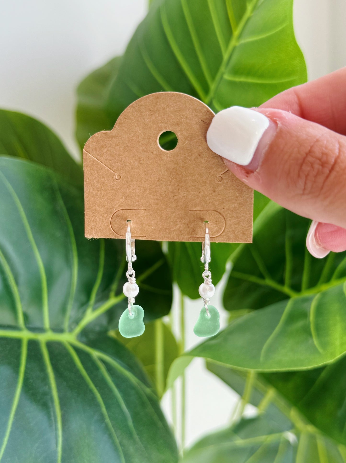 Silver Green Sea Glass Pearl Hoop Earrings