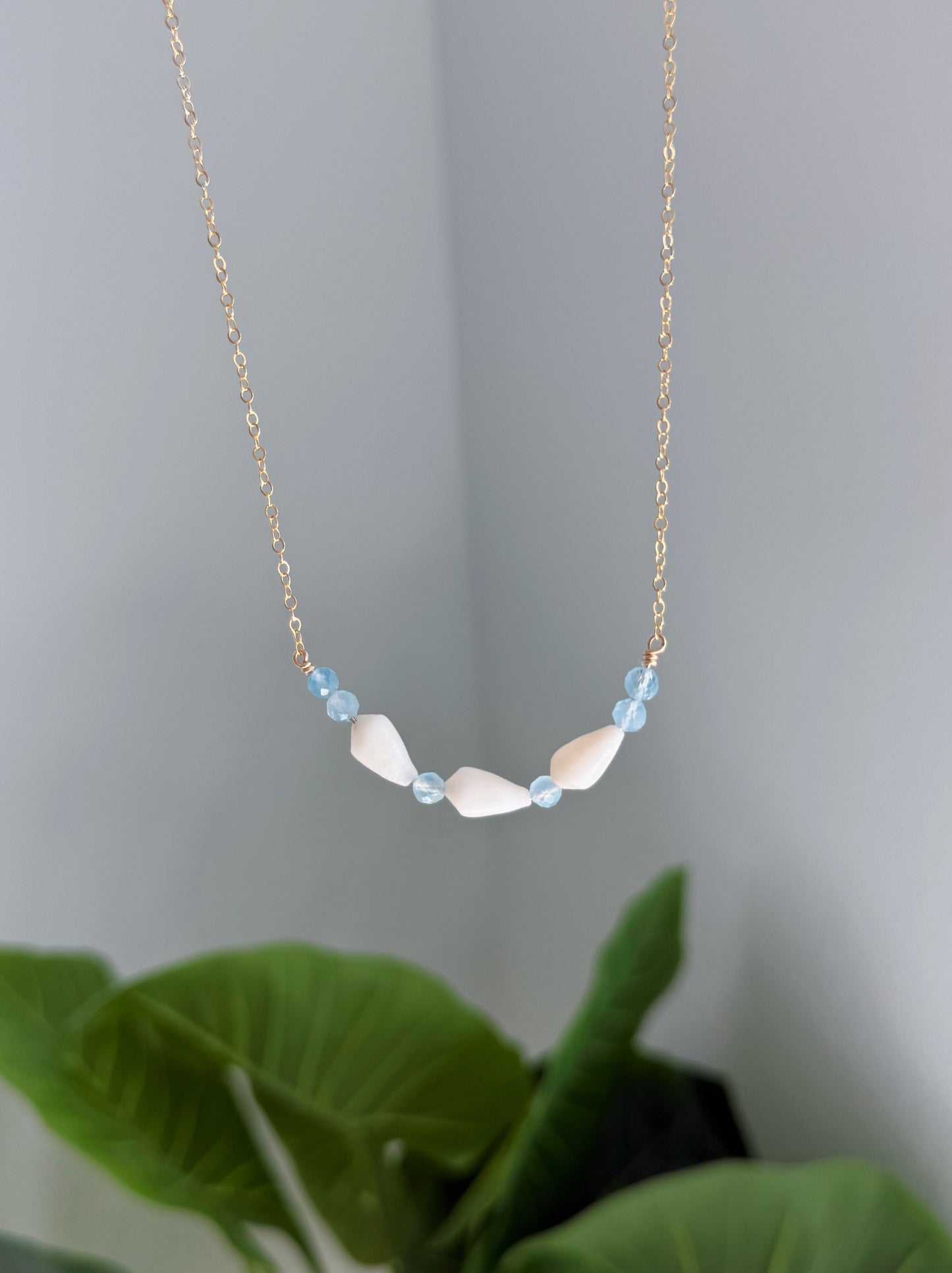 Gold Filled Triple Cone Shell Aquamarine Gemstone Necklace
