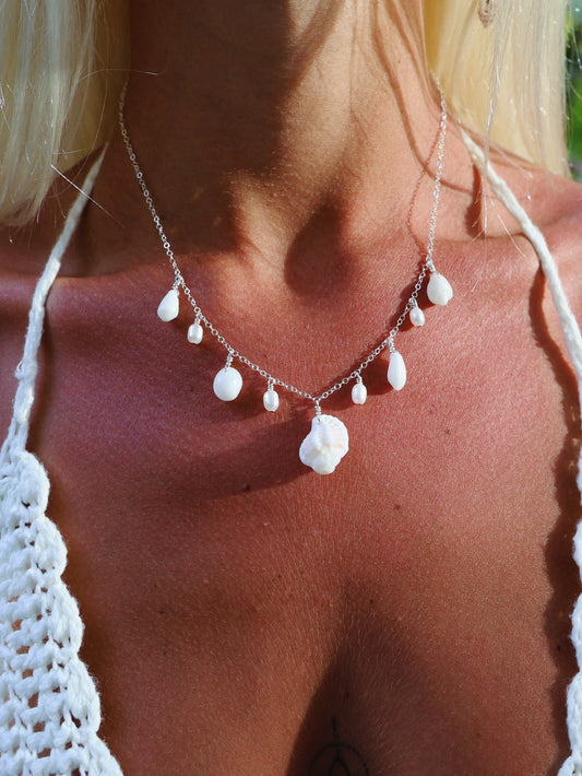 Sterling Silver White Mermaid Shell Baroque Pearl Multi Necklace