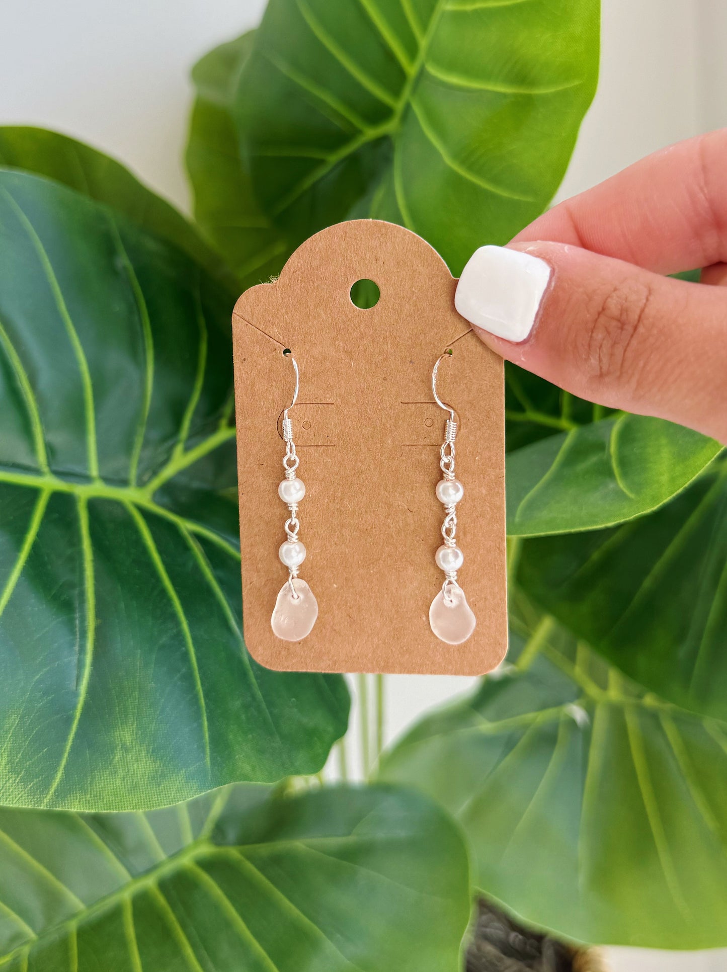 Silver Clear Sea Glass & Freshwater Pearl Drop Earrings