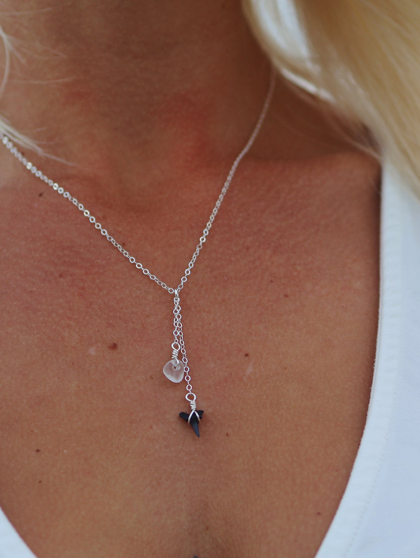 Sterling Silver Shark Tooth & Sea Glass Drop Necklace