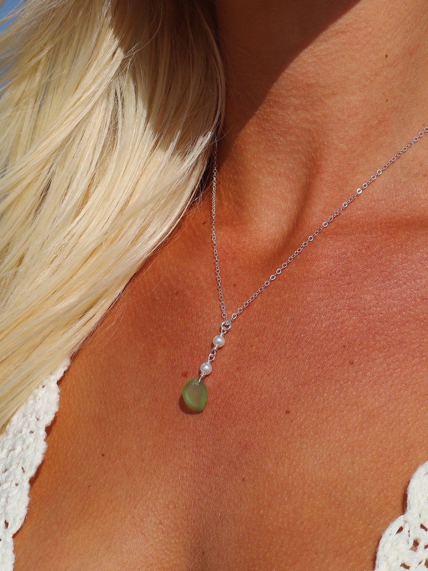 Sterling Silver Lime Green Sea Glass & Freshwater Pearl Necklace