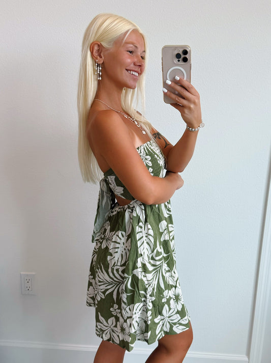 Olive Green Tropical Leaf Tie Back Strapless Mini Dress